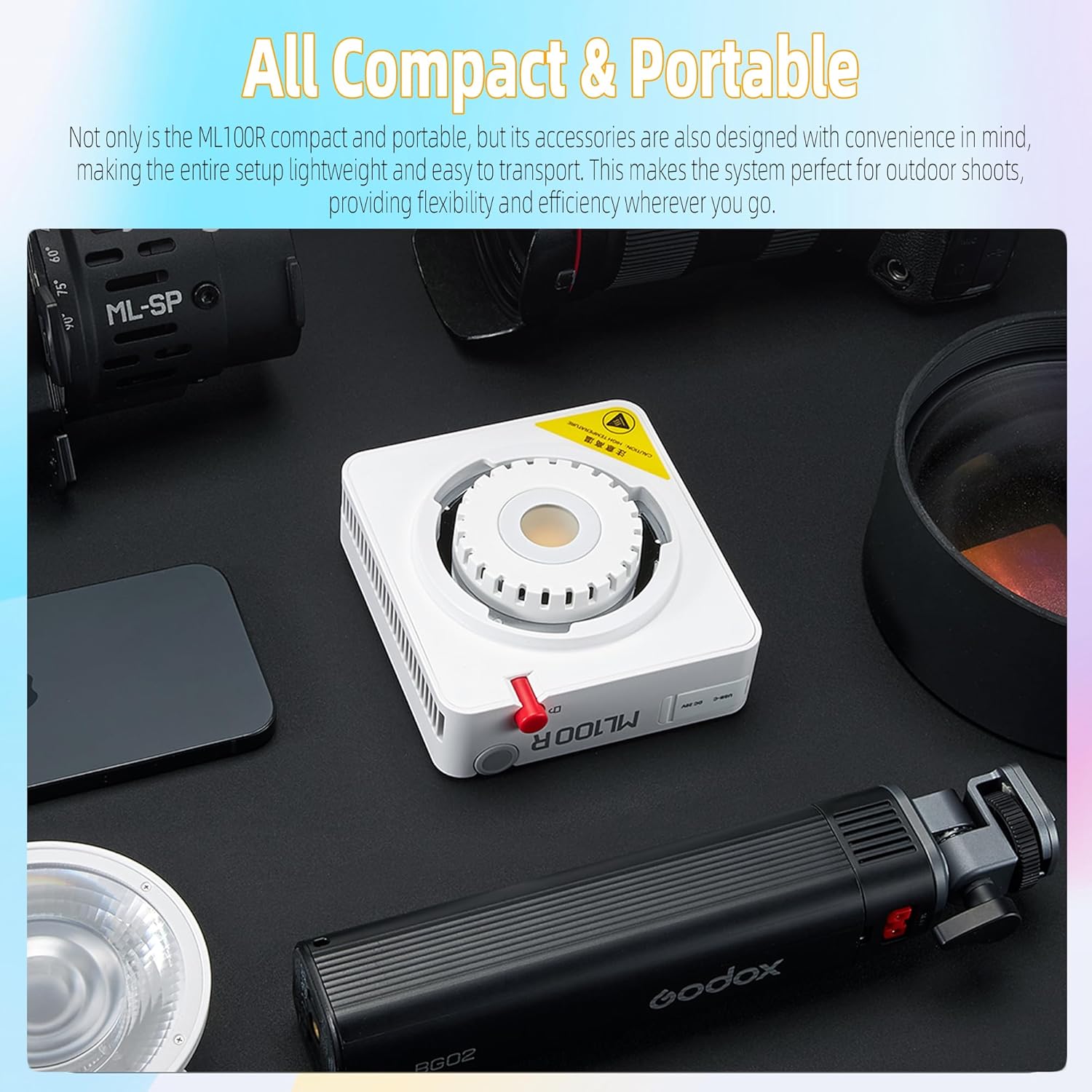 Godox ML100R 110W Portable LED Video Light, Full-Color 1800-10000K, CRI≥95 TLCI≥95, 14 FX Light Effects, Bluetooth App Control for Live Streaming, Interview, Still Life Photography, etc