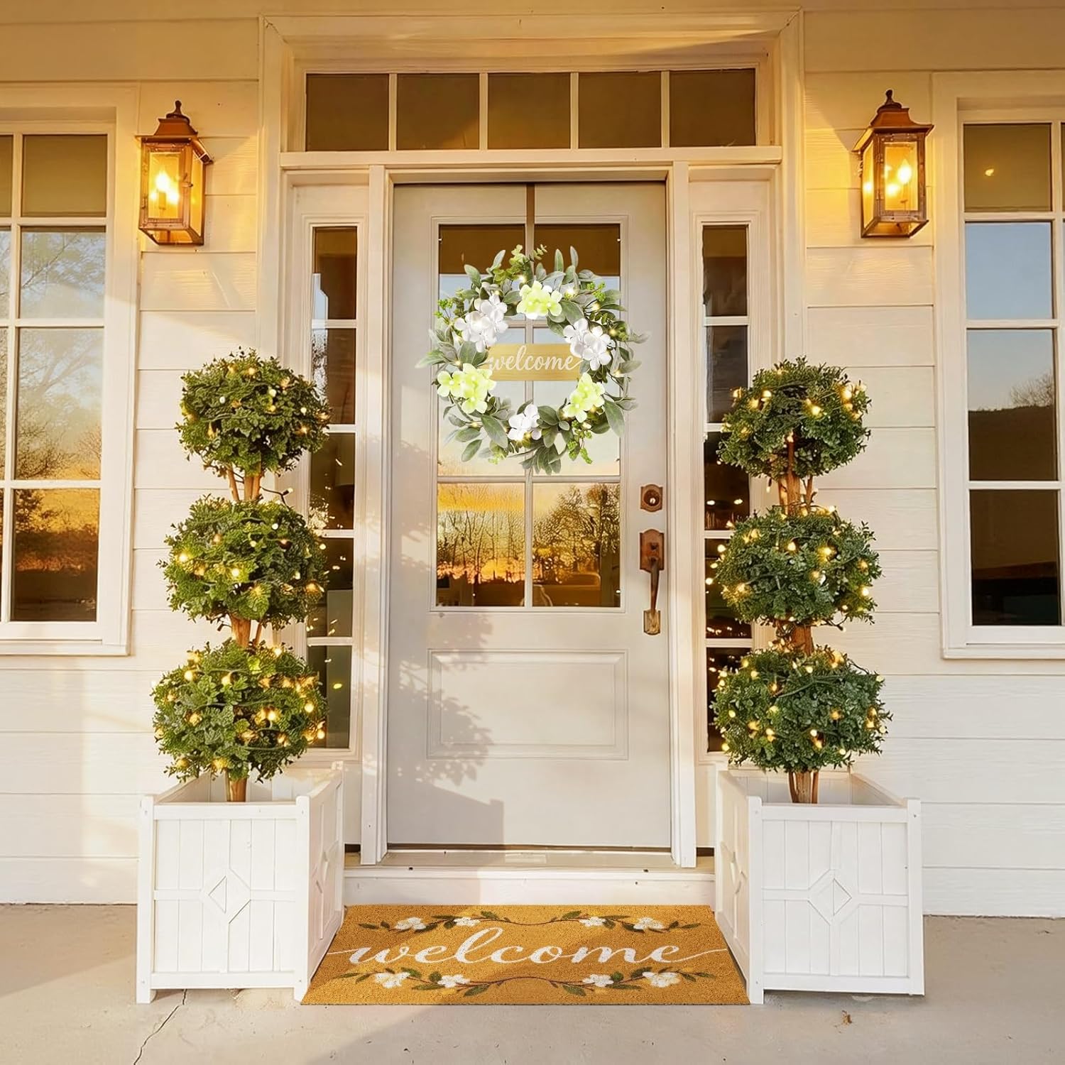 Welcome Mat Wreath Set with LED Front Door Greenery Spring Doormat Wreaths All Season Summer Floral Artificial Decor for Porch Entryway Wall Farmhouse Patio Garden Festival 18in