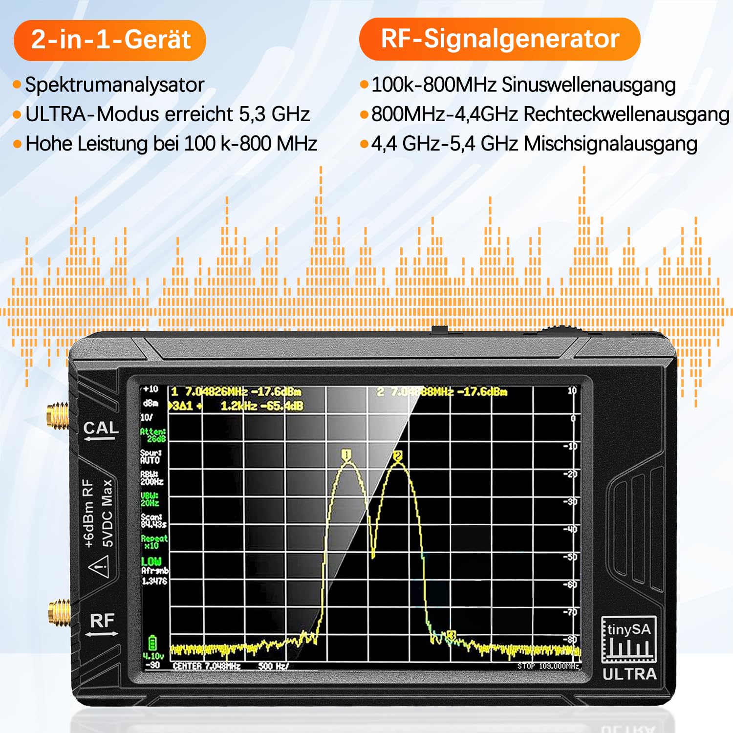 TinySA Ultra Spektrumanalysator, 100kHz-5,3GHz Handheld Frequenzanalysator 4-Zoll empfindlichem Touchscreen, 2-in-1-Signalgenerator 100kHz bis 800MHz Eingang | 32GB SD-Karte,ESD-Schutzfunktion