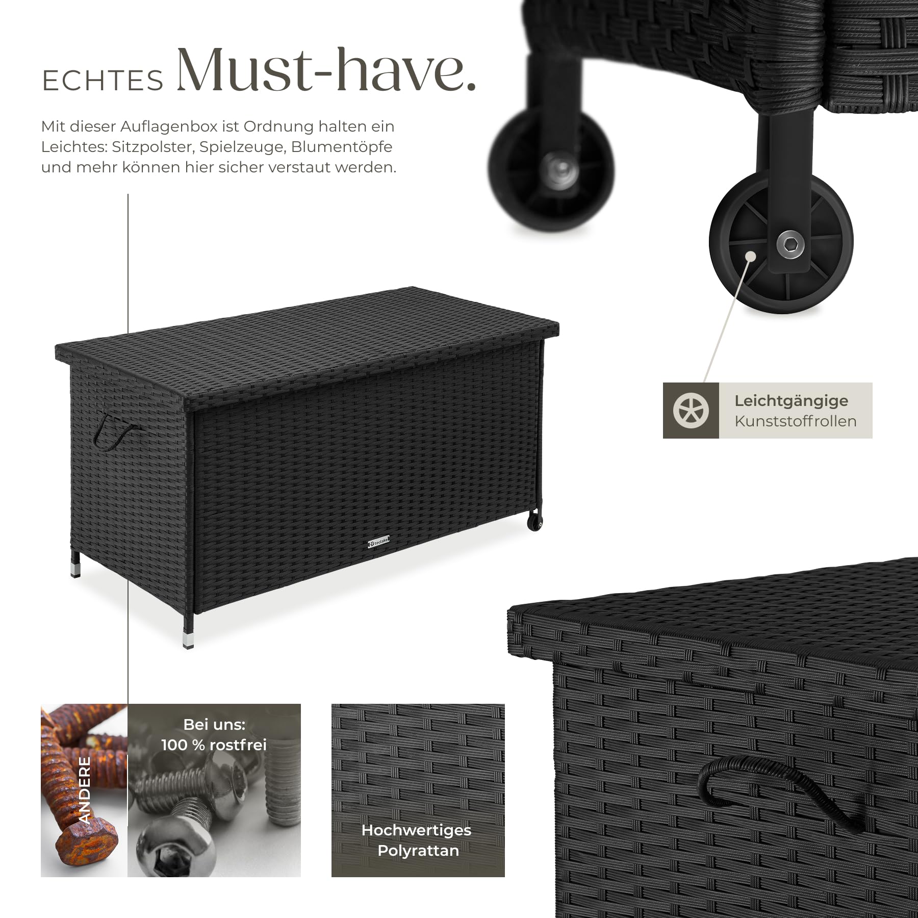 tectake® Poly Rattan Auflagenbox wetterfest, abschließbare Box mit Deckel, outdoor Aufbewahrungskiste mit Innentasche, Kissenbox 270L, rollbar, für Garten, Terrasse, Balkonmöbel - schwarz