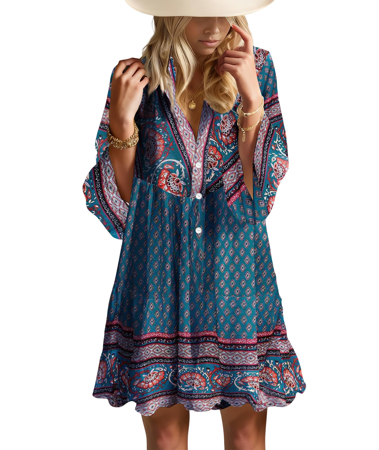 Summer Dresses for Women 2026 Flowy Ruffle 3/4 Sleeve V Neck Tiered Casual Babydoll Boho Beach Mini Dress