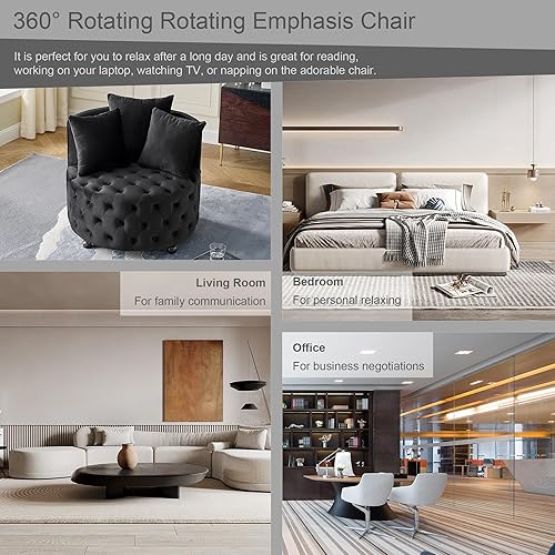 Miniatura 8 de Silla giratoria tapizada de terciopelo, con elegante diseño copetudo, ruedas circulares de actividad y 3 almohadas suaves (negro)