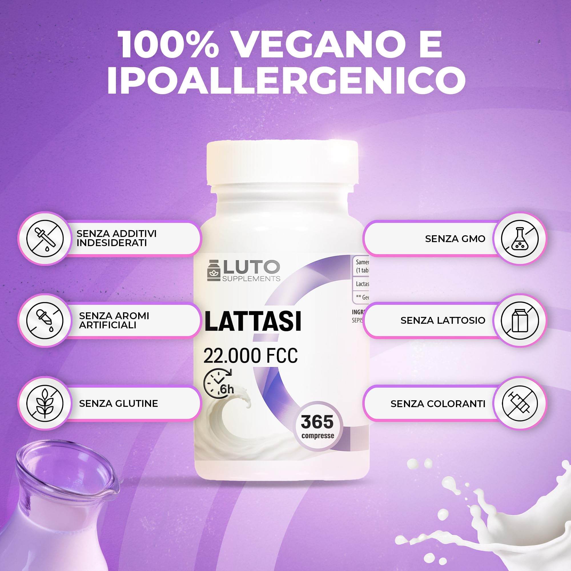 Lattasi 22.000 Depot – 365 compresse a rilascio prolungato (Sepismart® Slow Release) – Alta concentrazione con 22.000 unità FCC – Per intolleranza al lattosio e al latte – LUTO Supplements