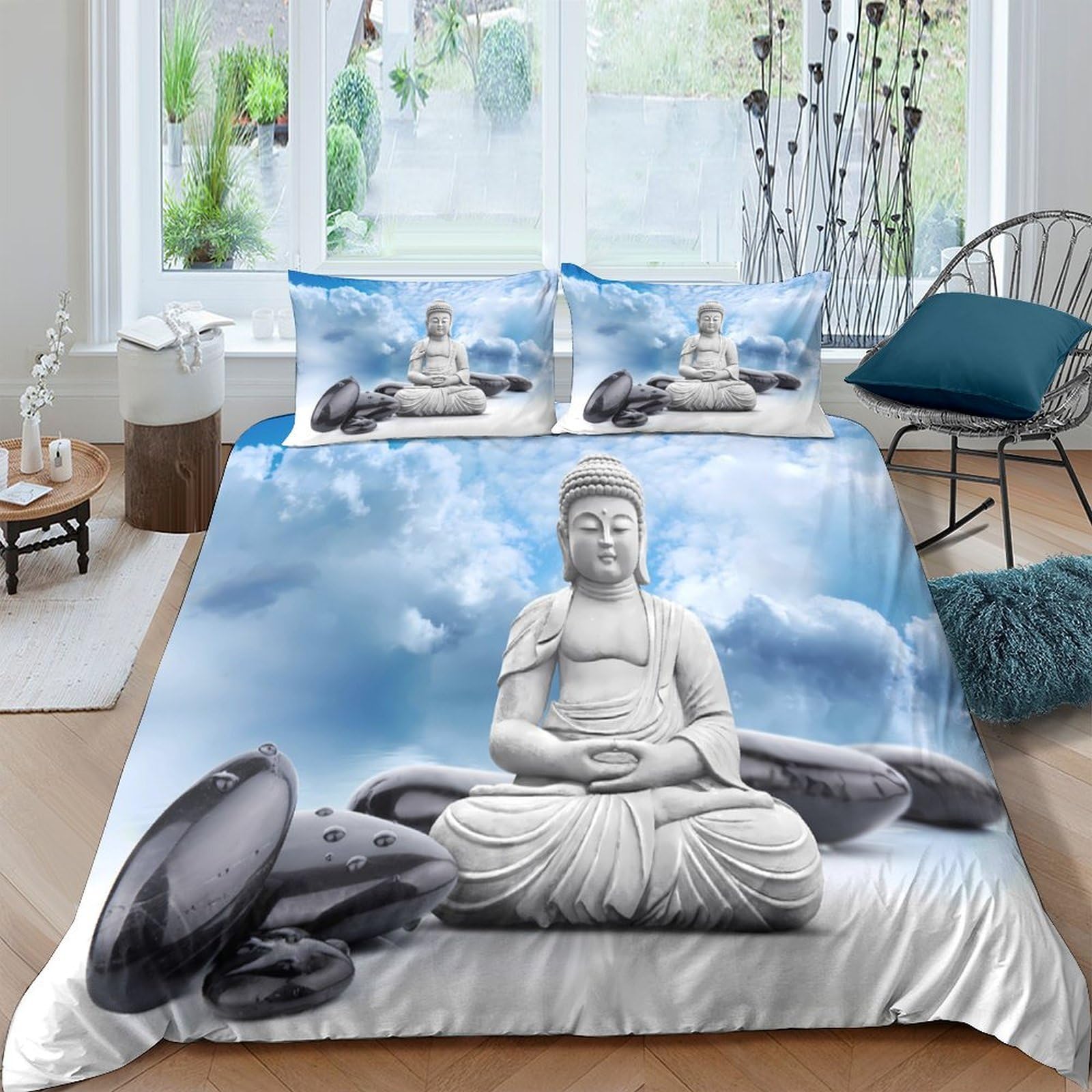 Ctjqhvkz Style-7 3D Printed Buddha Zen Fitted Sheet Microfiber Soft Blue Sky Stone Mattress Cover For Bedroom Dorm Mattress Protection Decor Single（135X200cm）