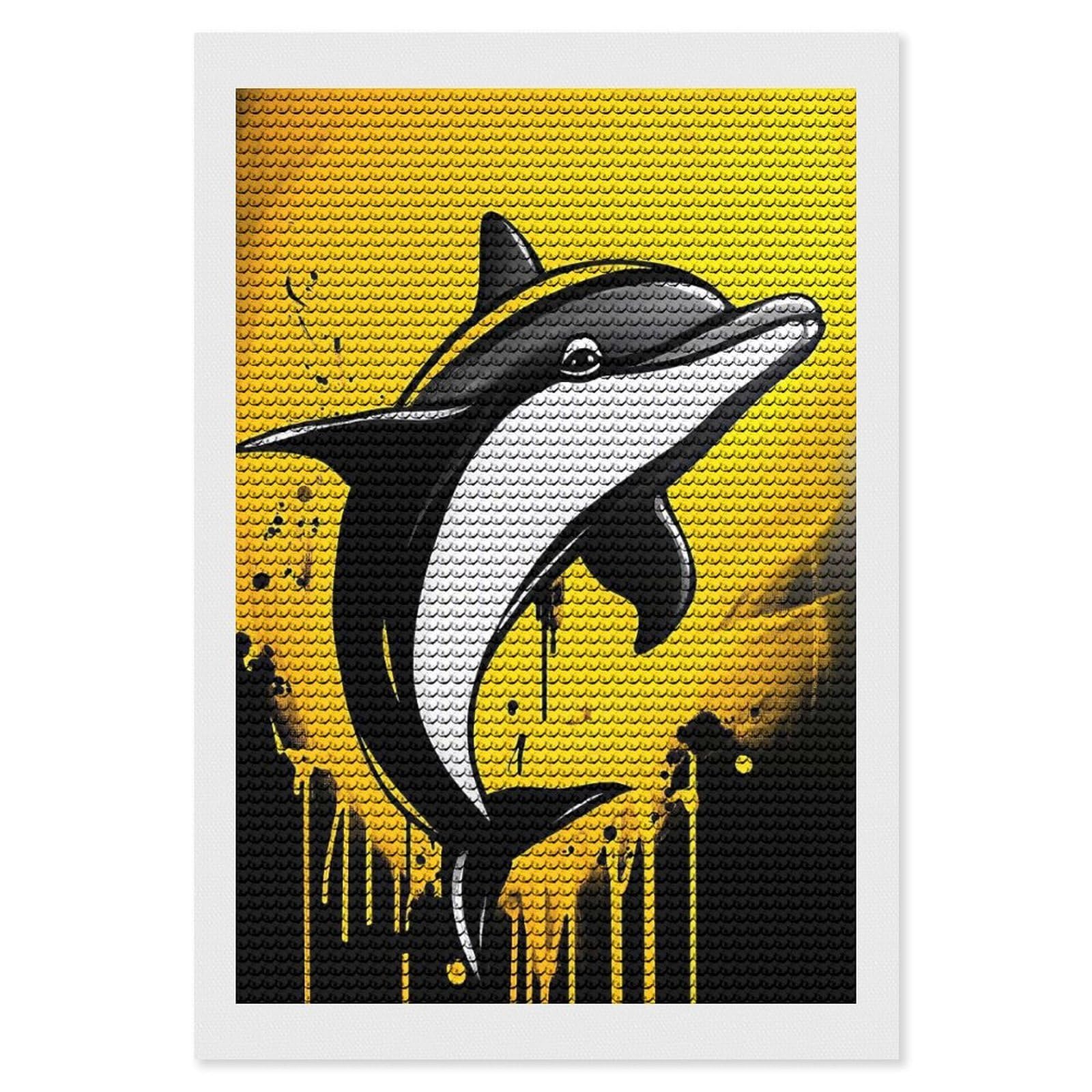 Junmoney Yellow Dolphin Art Diamond Painting Set 8"x12", Sparkling Round Gems, Decorate Your Room, Fun Craft Experience, Modern Decor