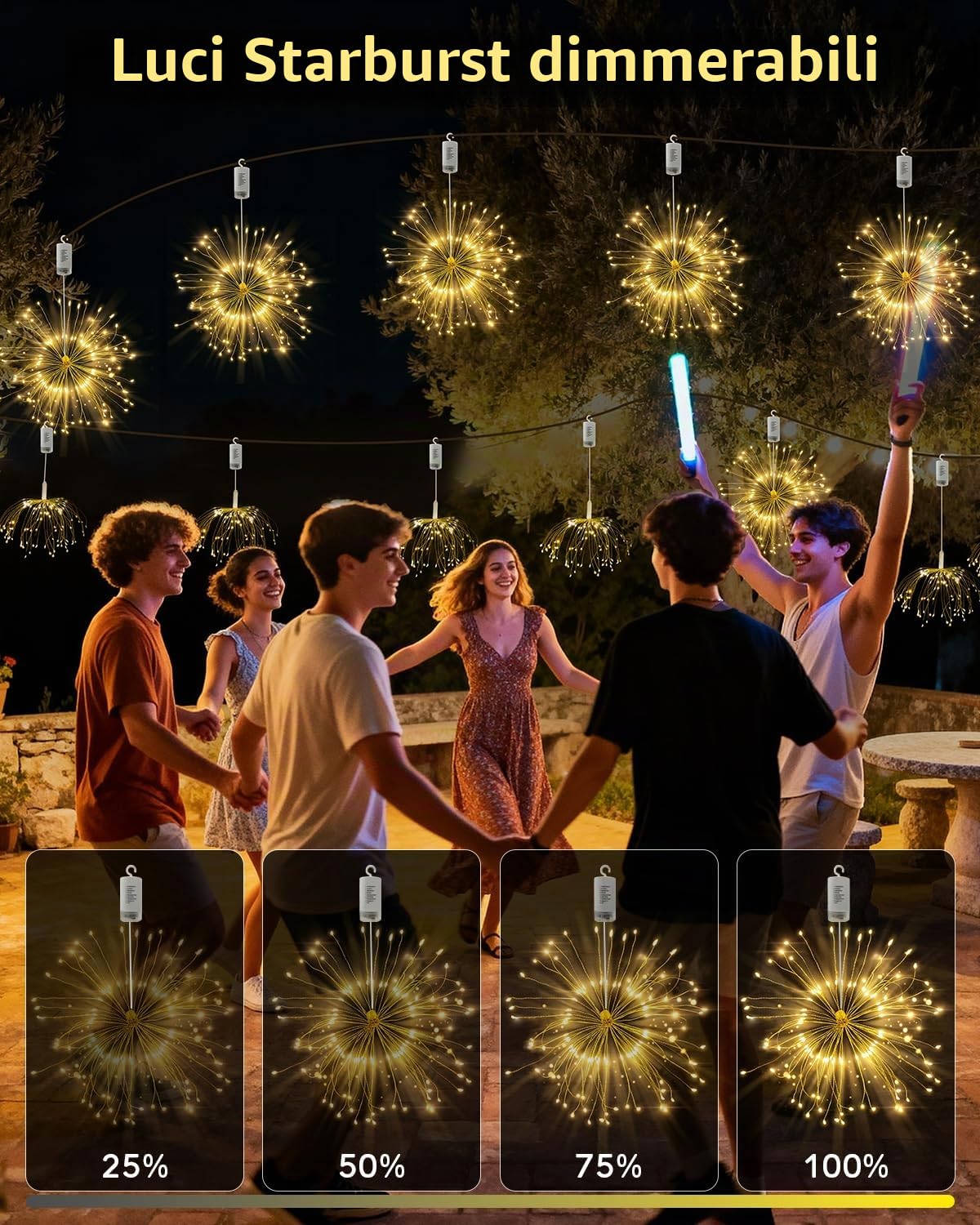FOOING Luci Fuochi d’Artificio LED 120 LEDs, Ghirlanda a Batteria con 8 Modalità, Luci Decorative per Natale, Feste, Matrimoni, Finestre, Giardino ed Esterno