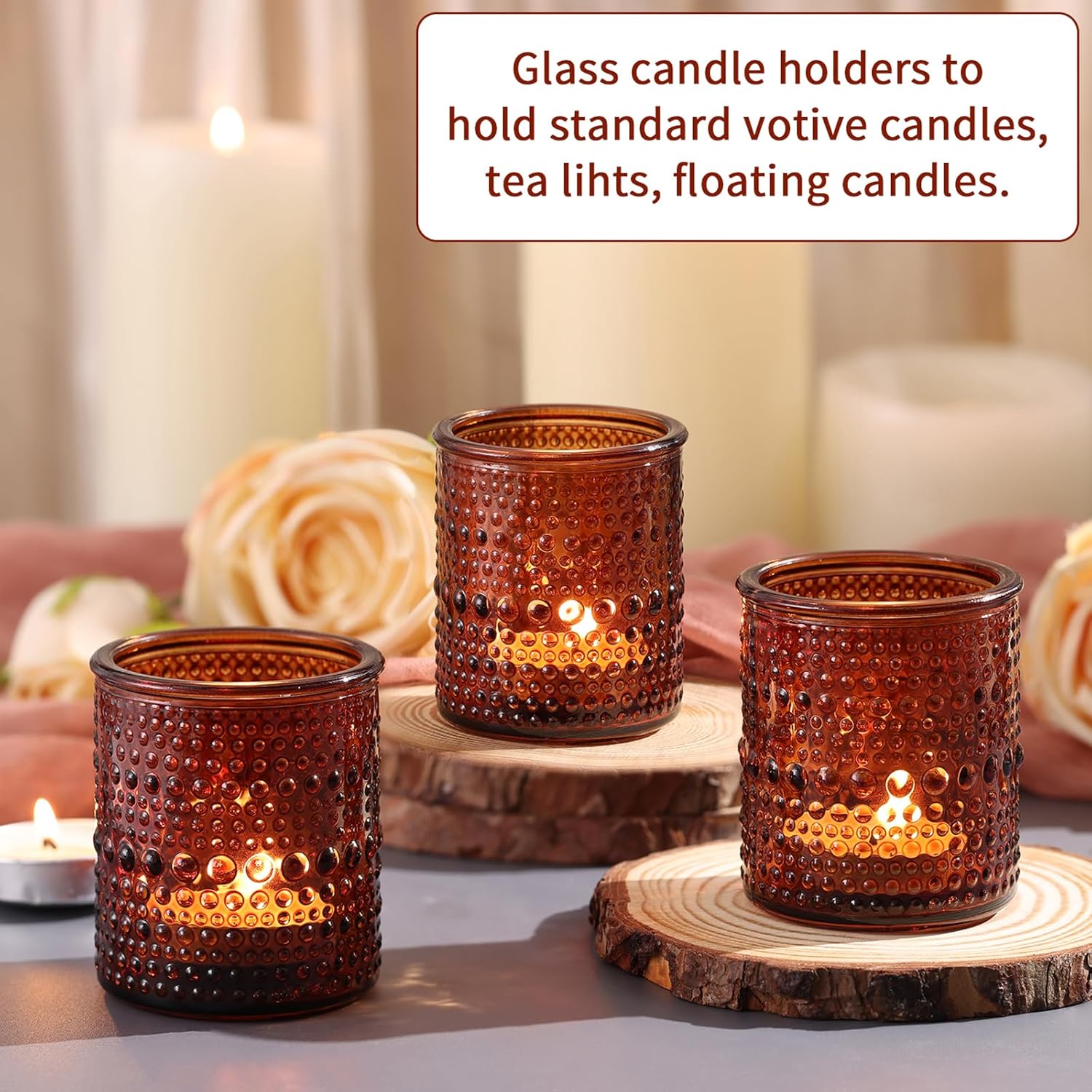 15Pcs Glass Votive Candle Holders, Amber Tea Light Candle Holders Vintage Fall Tealight Candle Holder Bulk for Autumn, Thanksgiving Table Centerpieces, Christmas Decor (Amber)