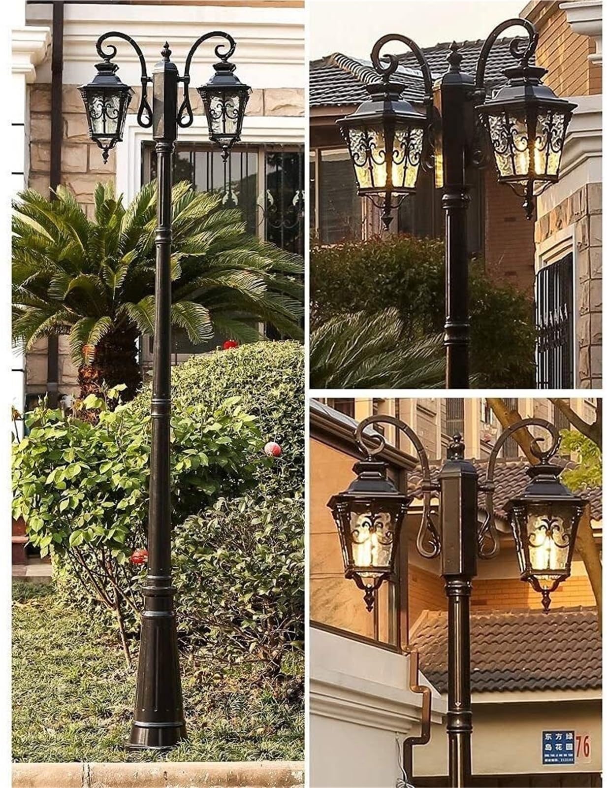Lampy Solarne Na Słupku, Zewnętrzne Lampy Ogrodowe, 2-Punktowe, Wiktoriańskie, Zewnętrzne, Vintage, Uliczne, Amerykańskie, Wille Mieszkalne, Krajobraz, Zewnętrzny, W,Black