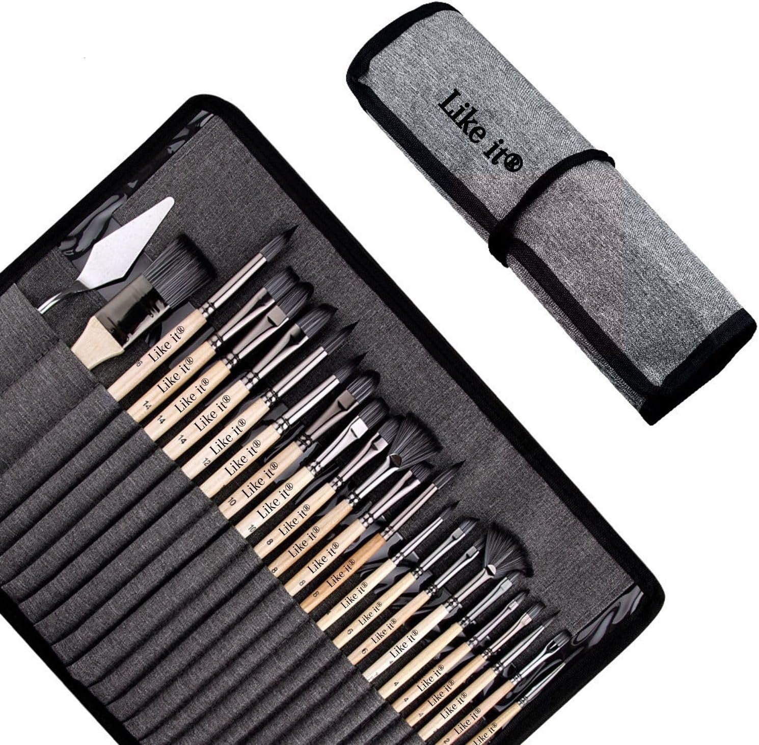 Like it® 24 Pieces Professional Artist Paint Brush Set with Roll-Up Case | Premium Synthetic Bristles | Acrylic, Oil, Watercolor, Gouache Painting Brushes for Artists, Students & Hobbyists