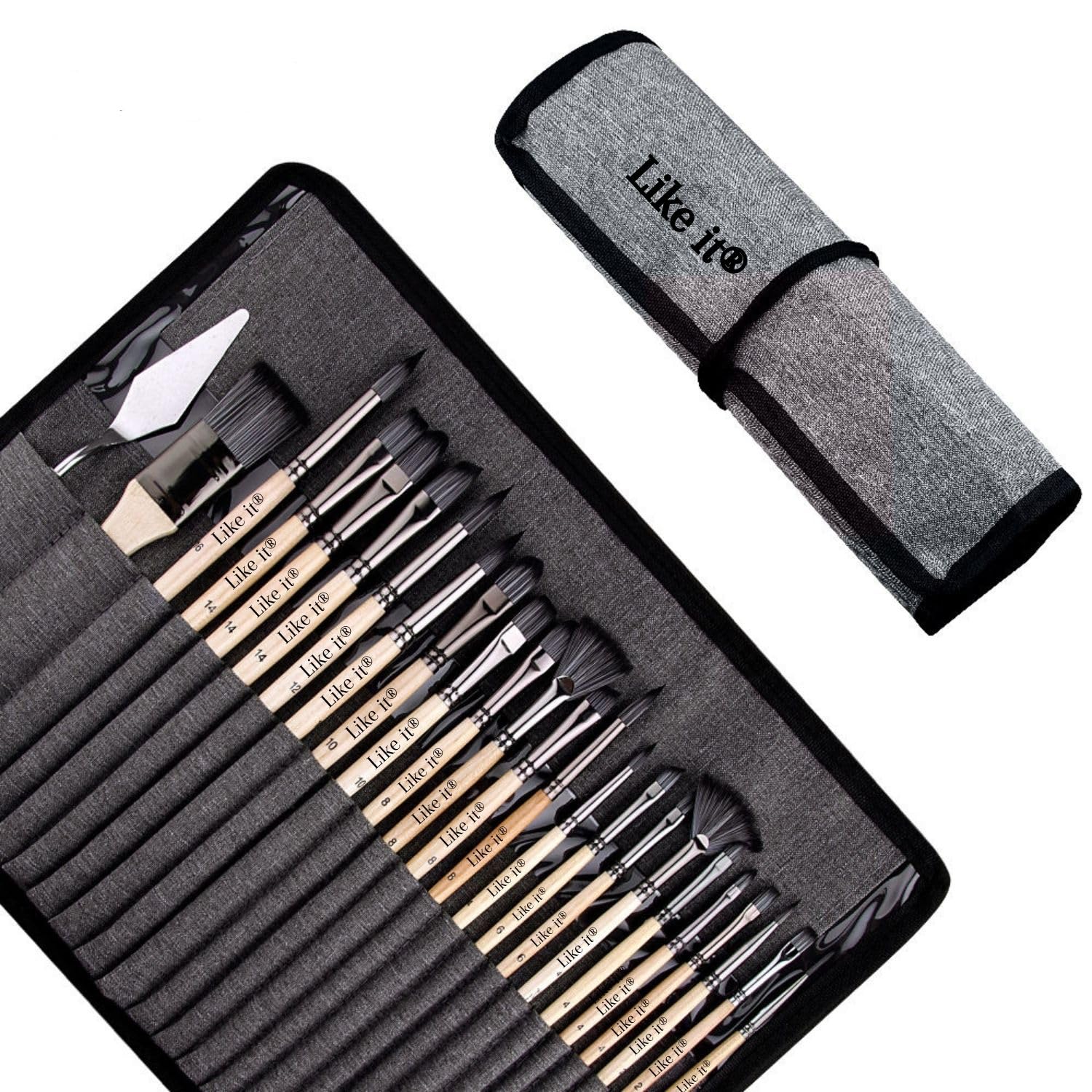 Like it 24 Pieces Professional Brush Set with Roll Pouch | Premium Synthetic Bristles, Wooden Handle | Acrylic, Watercolor, Oil & Canvas Painting | Artist, Painting Brushes (Multi-Size Set)