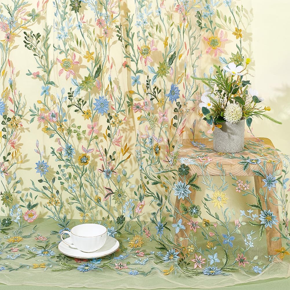 NBEADS 1 Yard Embroidered Flower Fabric, 63inch Polyester Mesh Embroidered Lace Trim Embroidery Tulle Fabric Garment Accessories for Dress Table DIY Crafts Curtain Home Vintage Decor, Sandy Brown