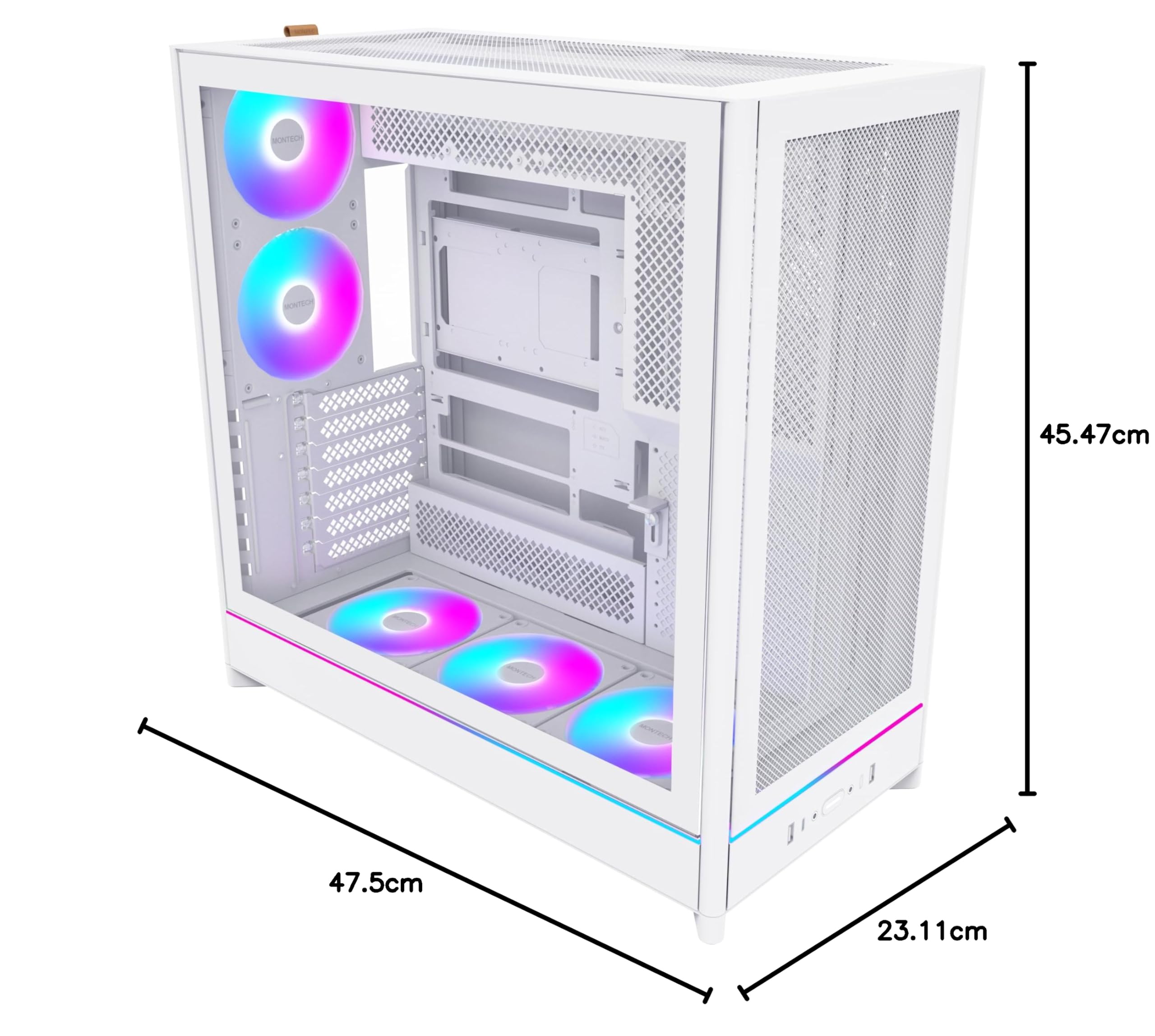 MONTECH HS01 Pro, ATX Mid-Tower PC Case, Gaming PC, High-Airflow, Reversible Layout, Mesh Front Panel, 5X ARGB PWM Fan Pre-Installed, Sink-in Design, Toolless Panels, White