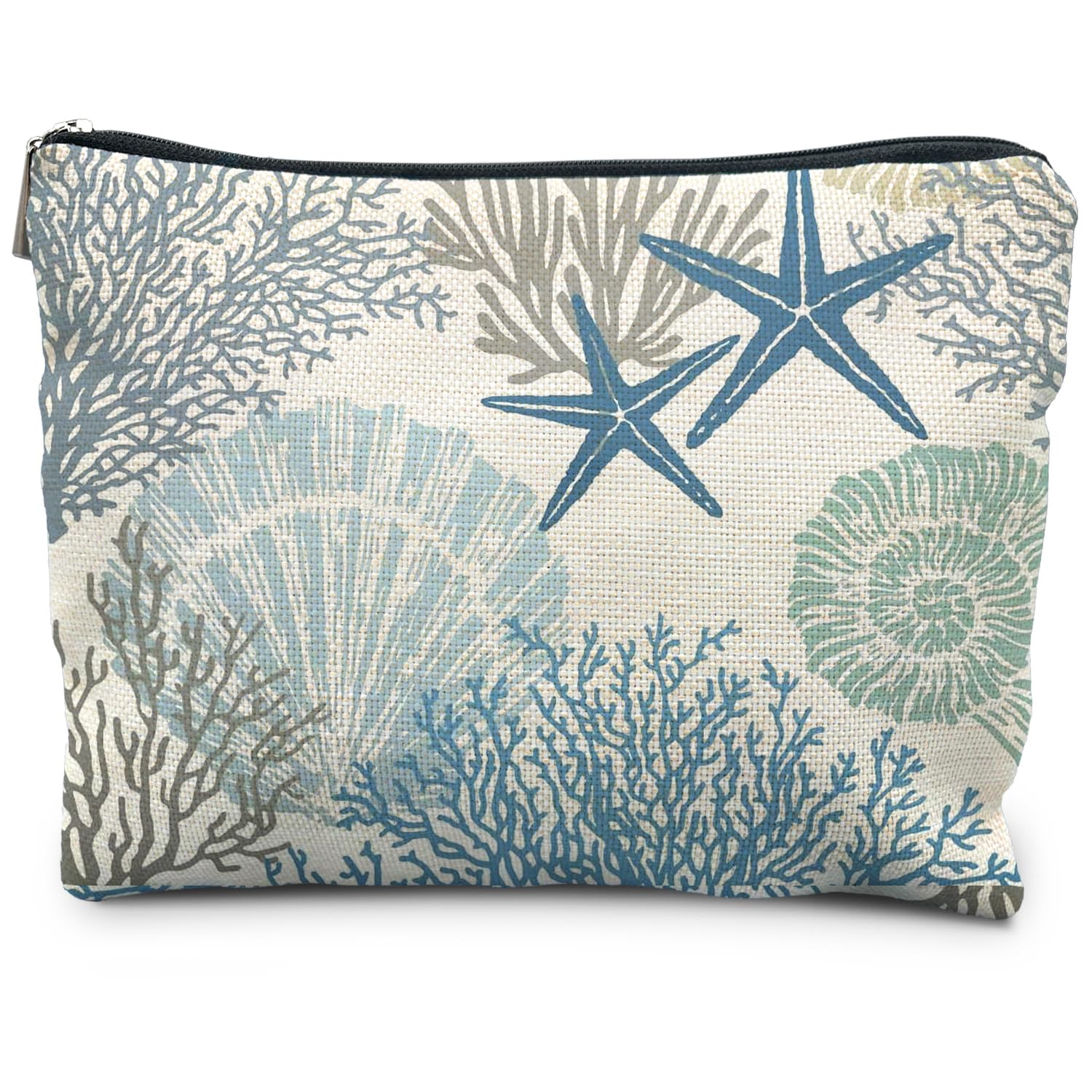 Ocean Starfish Coral Seashell Beach Makeup Bag, Marine Life Sea Animals Cosmetic Bags for Women, Beach Vacation Gifts, Ocean Themed Gifts