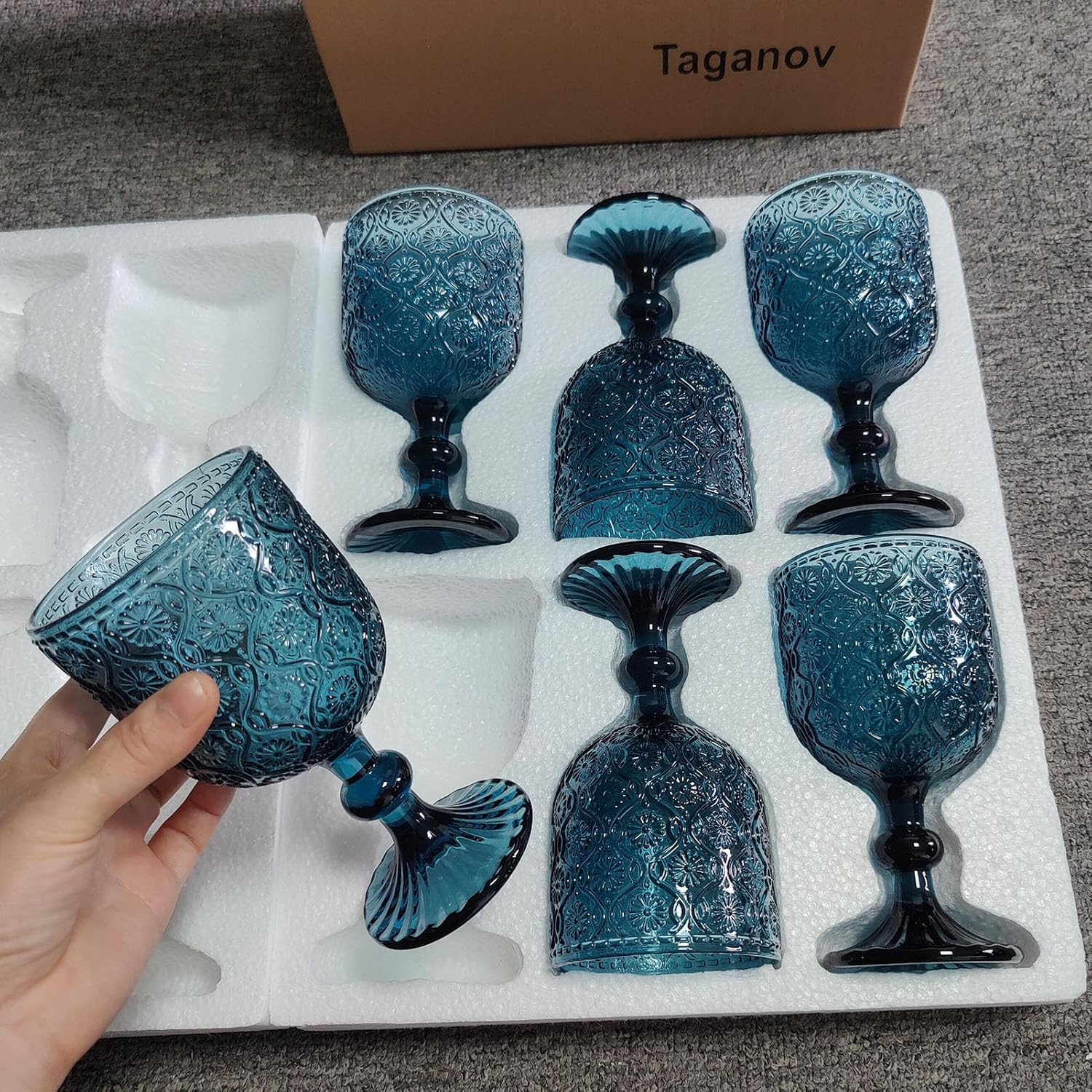 Taganov Blue Water Goblets Glassware Vintage Wine Glasses set of 6 Drinking Stemware 12 Ounces for Wedding Party Bar Floral Pattern 350 ml