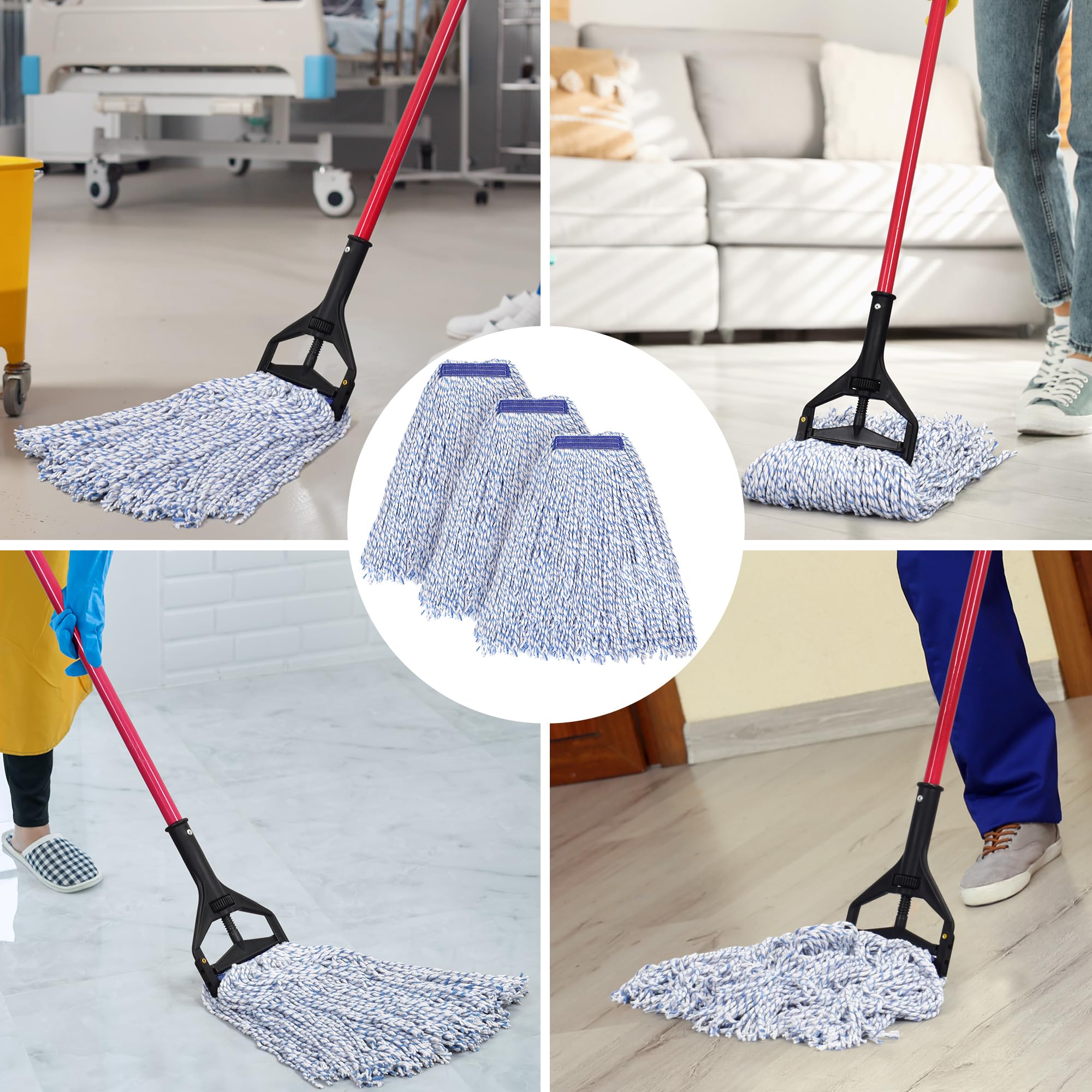 MATTHEW CLEANING Looped-Open Cotton Wet Mop 1.25'' Universal Headband Heavy Duty Commercial Mop Head Replacement for indoor and outdoor Use,Grease Stain Floor Cleaning String Mop Head Refill Pack of 3