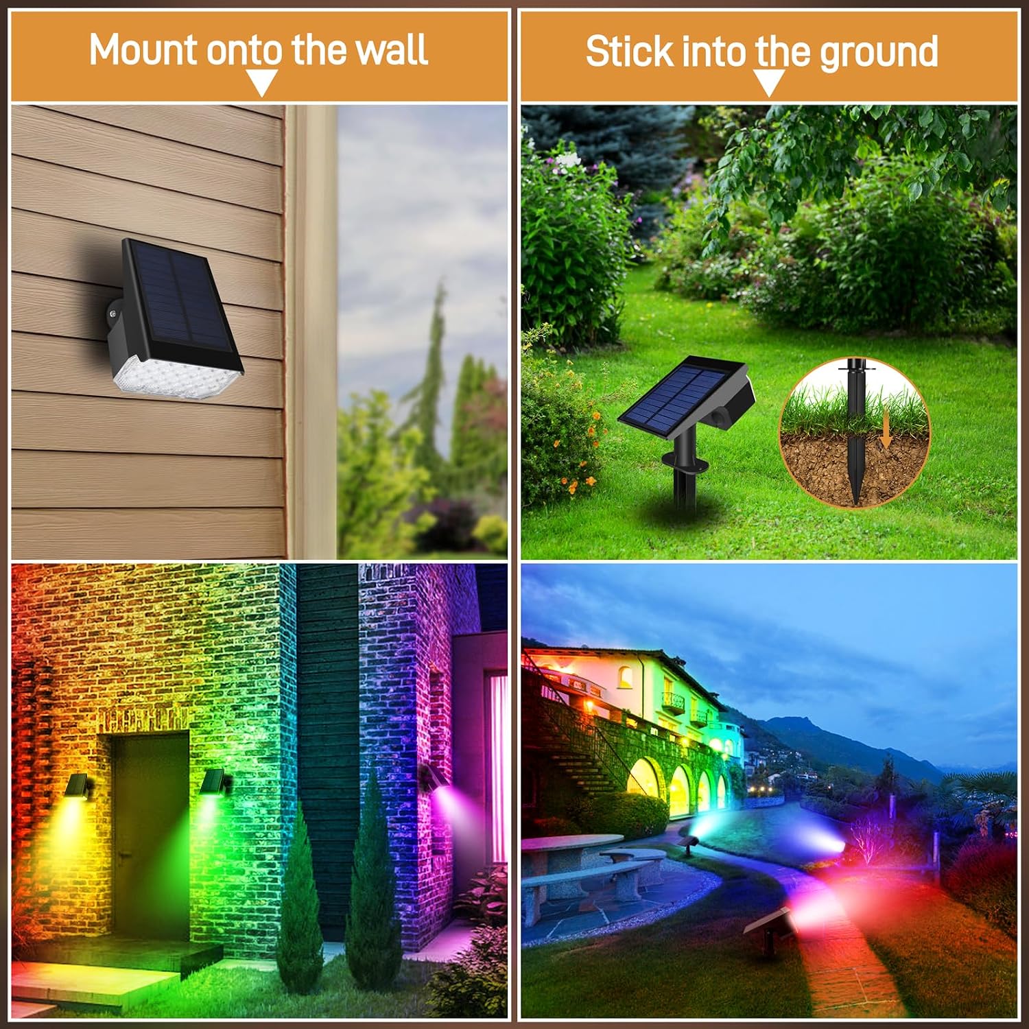 RGB Solar Lights Outdoor Waterproof IP65, 7 Lighting Modes Color Changing 26 LED Solar Spot Lights Outdoor for Yard Garden Pathway Christmas Decor (Multicolor, 2 Pack)