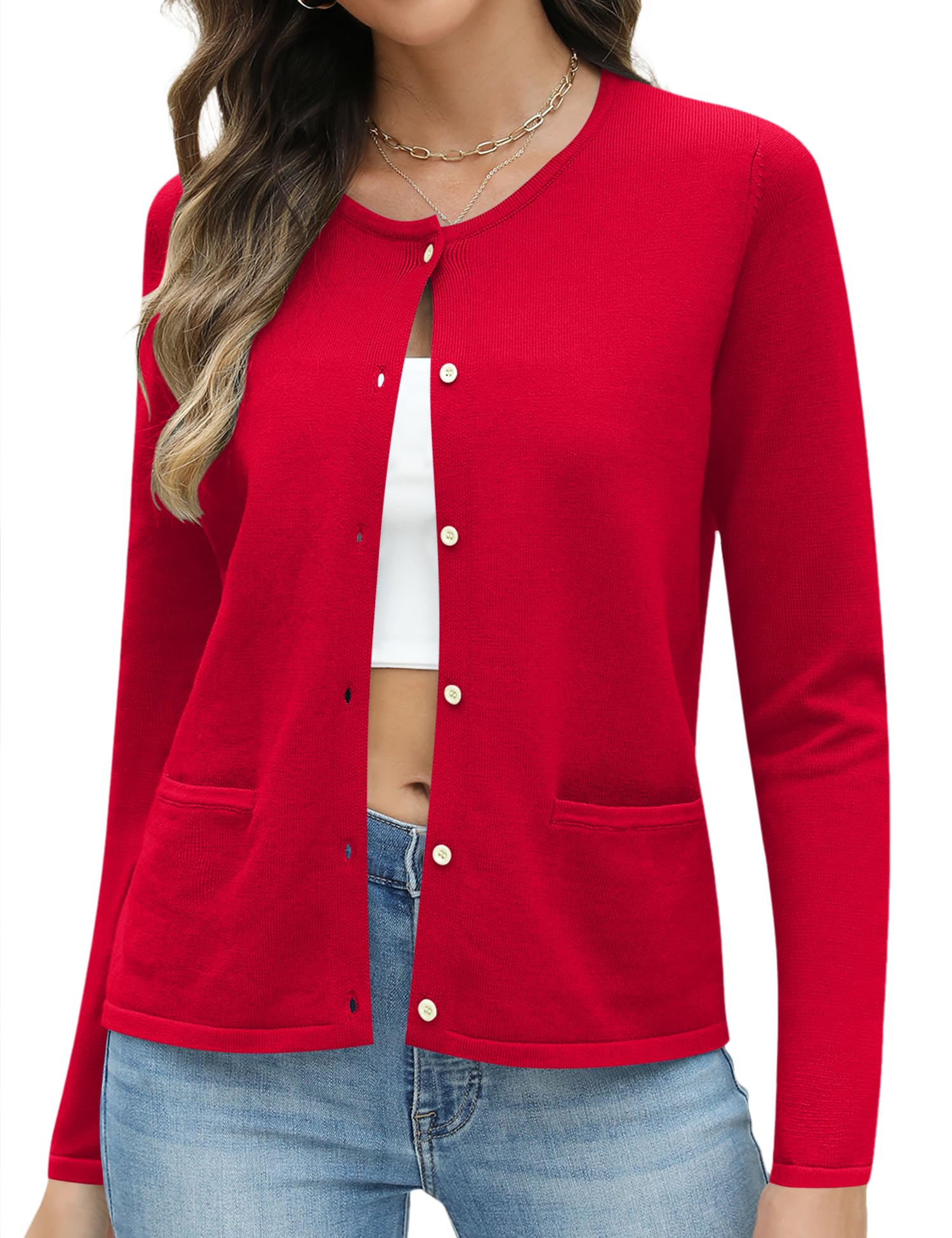 Rapbin Womens Lightweight Button Down Cardigan Sweater with Pockets Long Sleeve Crew Neck Open Front Casual Outfits