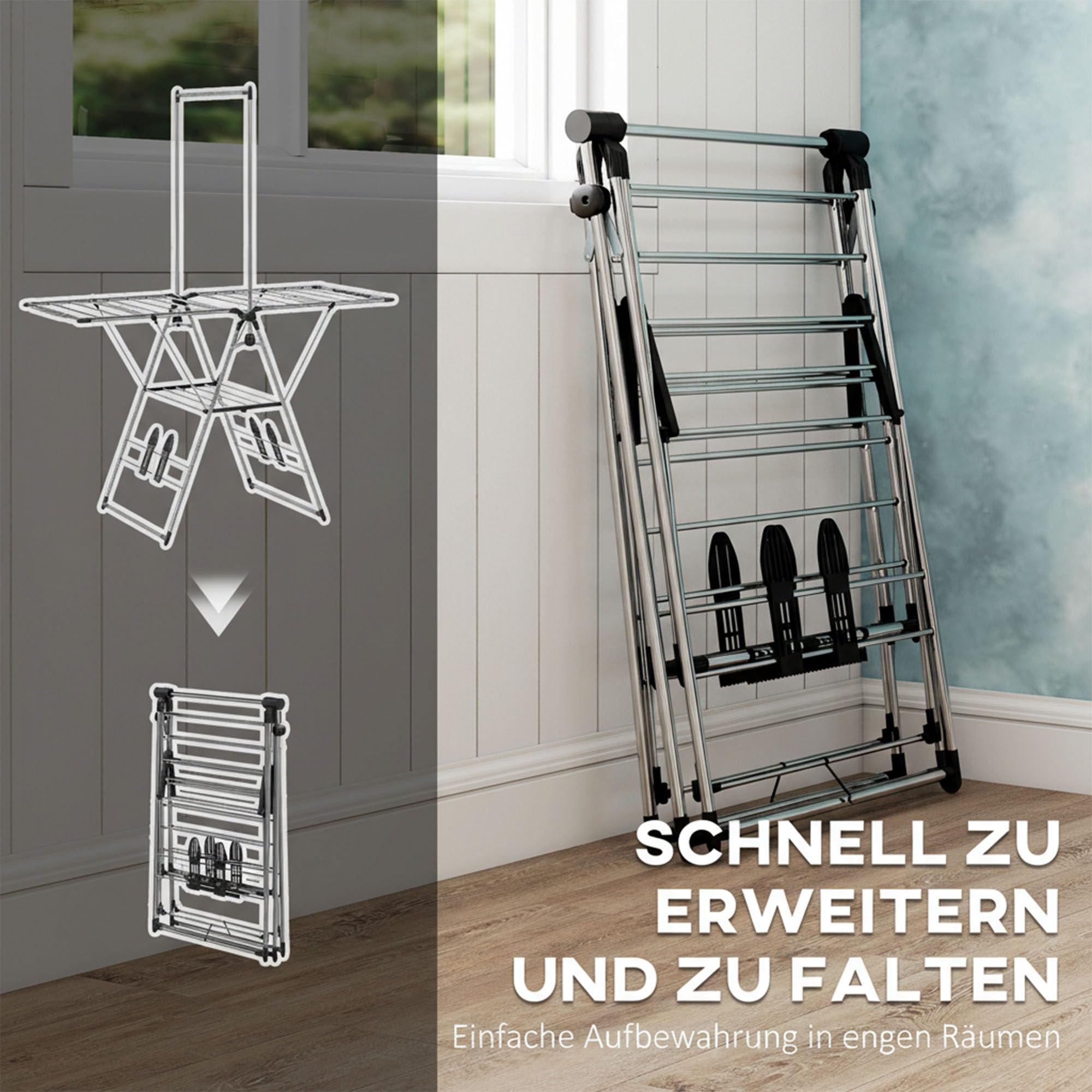 HOMCOM Wäscheständer Turm Faltbar 2 Ebenen 156,5x68x192cm Silber | Verstellbare Flügel, Schuhhalter, Standtrockner, Flügelwäscheständer, Wäschetrockner, Edelstahl, für Innen- und Außenbereich