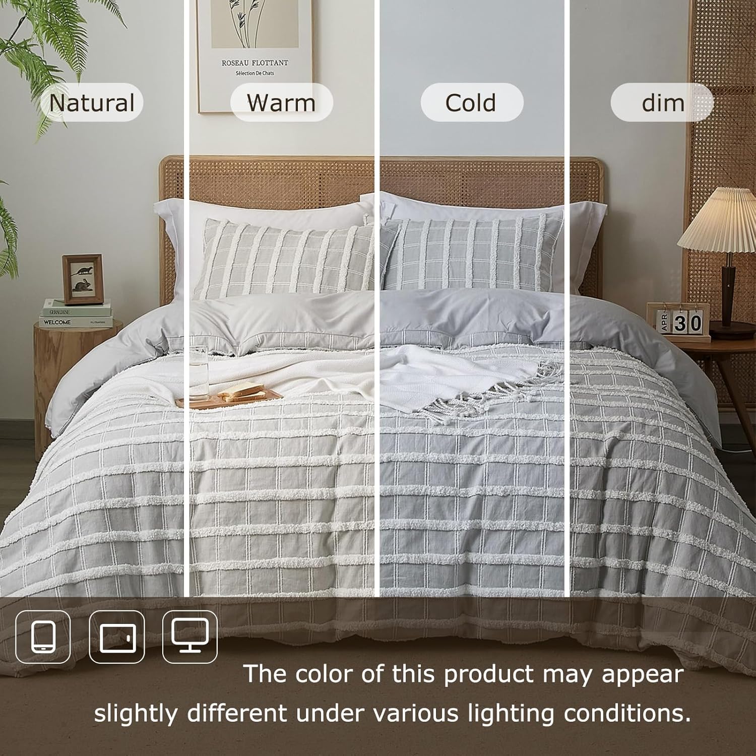 Ranunculus Tufted Queen Duvet Cover Set, Fluffy Washed Microfiber Stripe Duvet Cover Queen Size with Button Closure & 2 Pillow Shams for All Seasons, Comforter Not Included (Grey Check, 90"x90") - Image 5