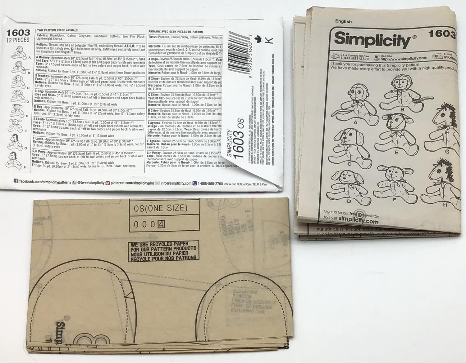 Simplicity 1603 Plush Stuffed Animal Toy Sewing Patterns, One Size