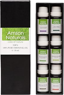 Amson Naturals Top 6 Essential Oils Set (6 x 10 ml) - 100% Pure Natural essential oils for diffuser set, for candle making- Lavender, Tea Tree, Peppermint, Lemongrass, Sweet Orange, Eucalyptus essential oils.