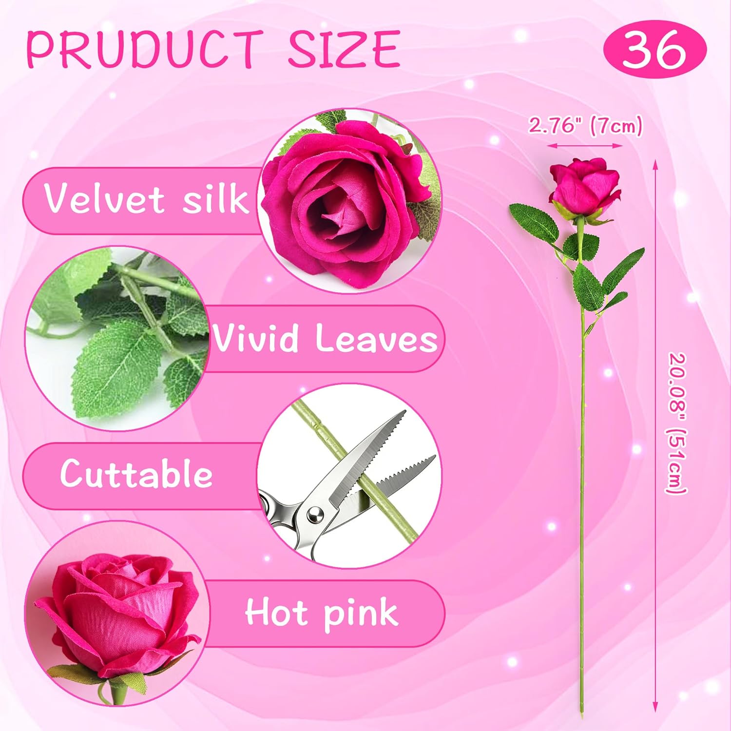 36 Pcs Hot Pink Rose Artificial Flowers Velvet Bouquet with Long Stem Real Touch Fake Roses Florals for Bridal Wedding Bouquet Party Arrangement Centerpiece Decorations