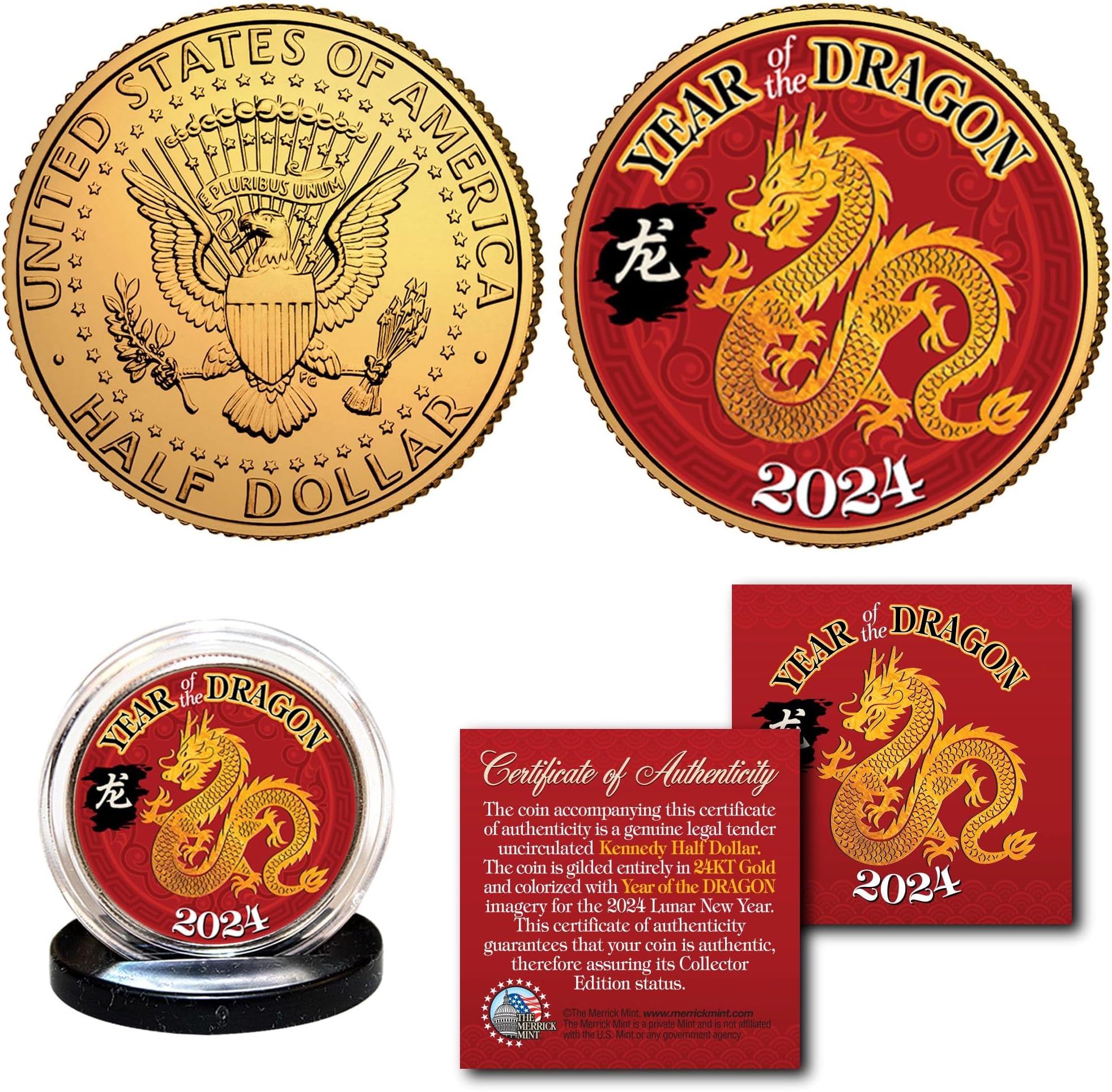 2024 Year of The Dragon Chinese Lunar New Year of The Dragon 24K Gold Plated JFK Kennedy Half Dollar Coin