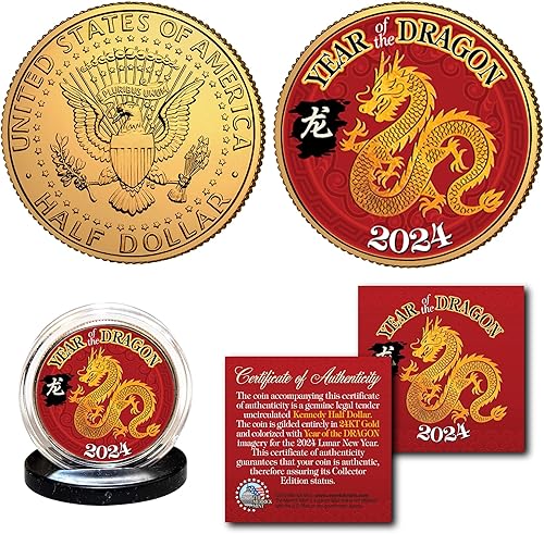 Moneda de medio dólar JFK Kennedy bañada en oro de 24 quilates 2024 Año del Dragón Año Nuevo Lunar chino del Dragón