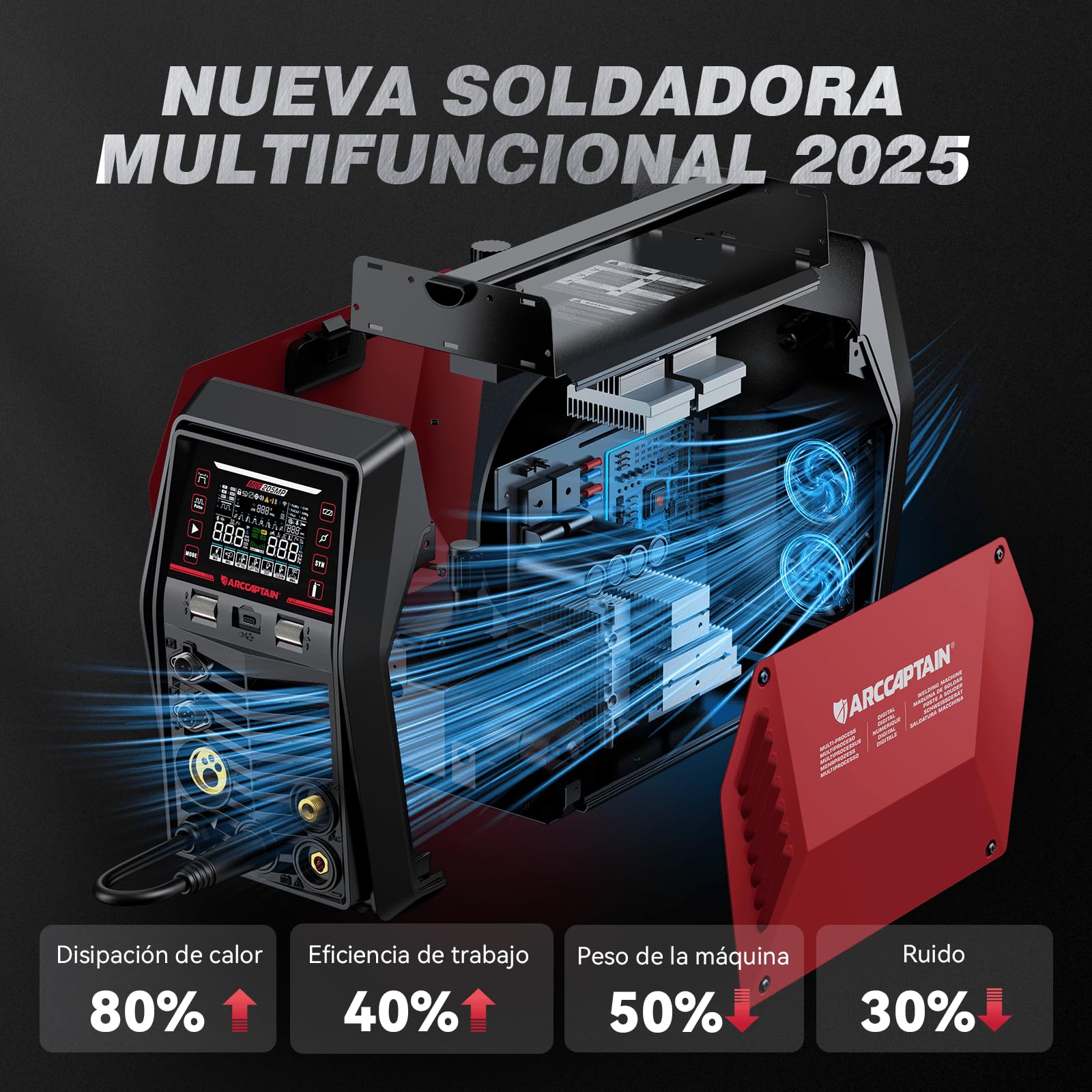 ARCCAPTAIN MIG205MP Soldadora 9‑en‑1 con control APP iControl/Plasma Cutter/Pulsed MIG/Flux Core/Spool Gun/DC HF/Lift TIG/Clean/MMA para aluminio 230 V multifunción