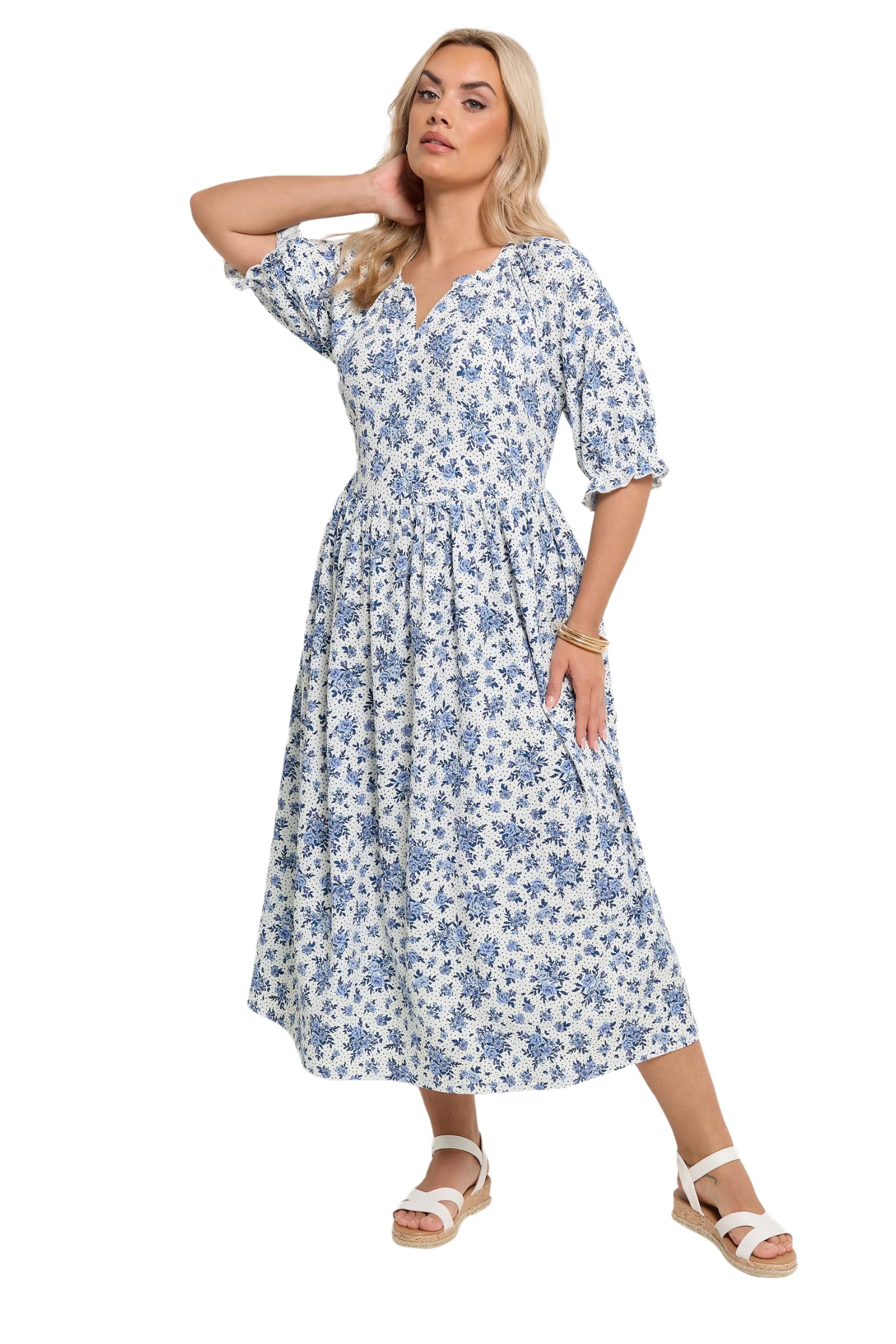 Yours Women's White Floral Polka Dot Notch Neck Maxi Dress In | : 26/28
