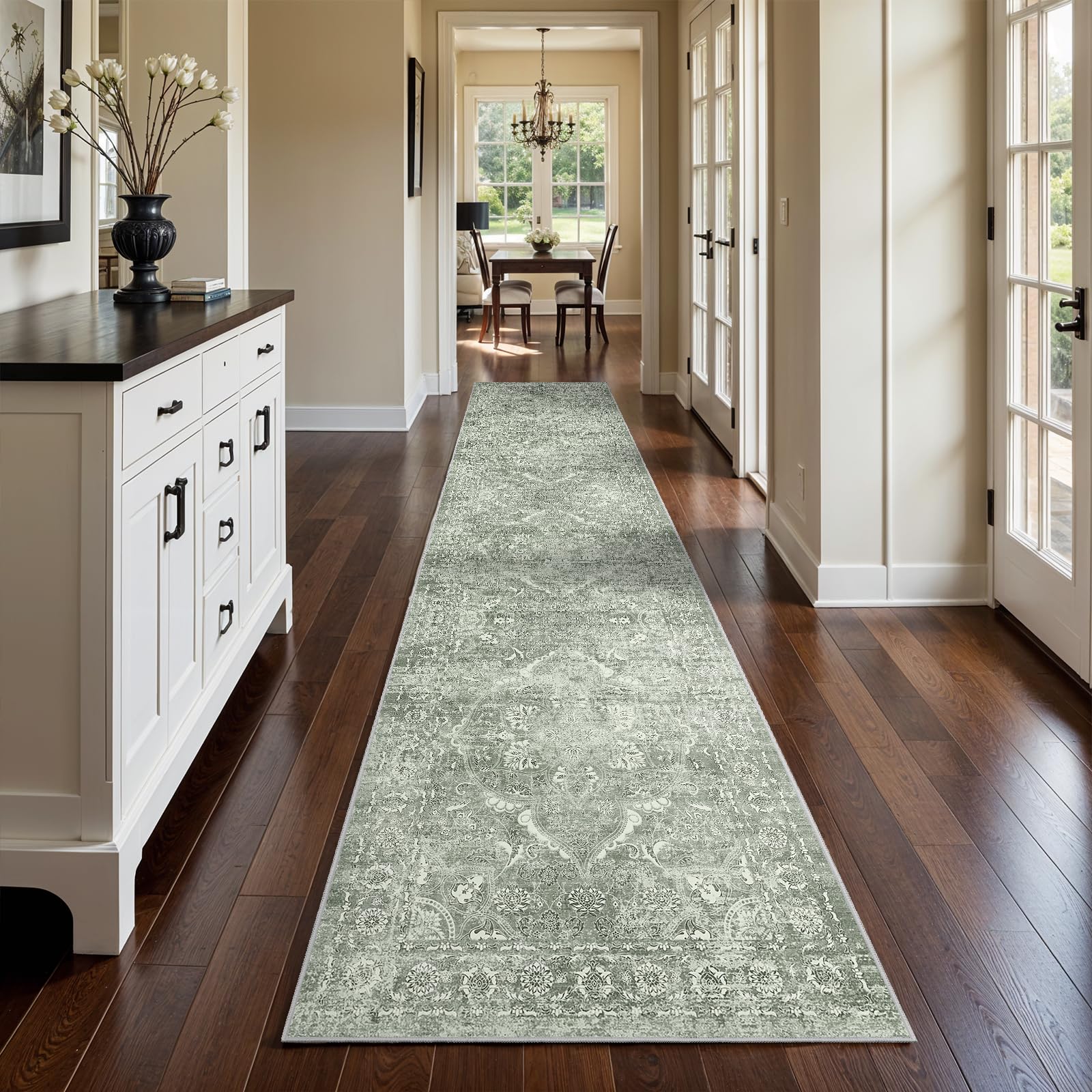 EISUROM Washable 3x14 Runner Rug - Non-Slip Vintage Rug for Entryway Low-Pile Medallion Long Rugs for Hallway Waterproof Traditional Runner Rug Indoor