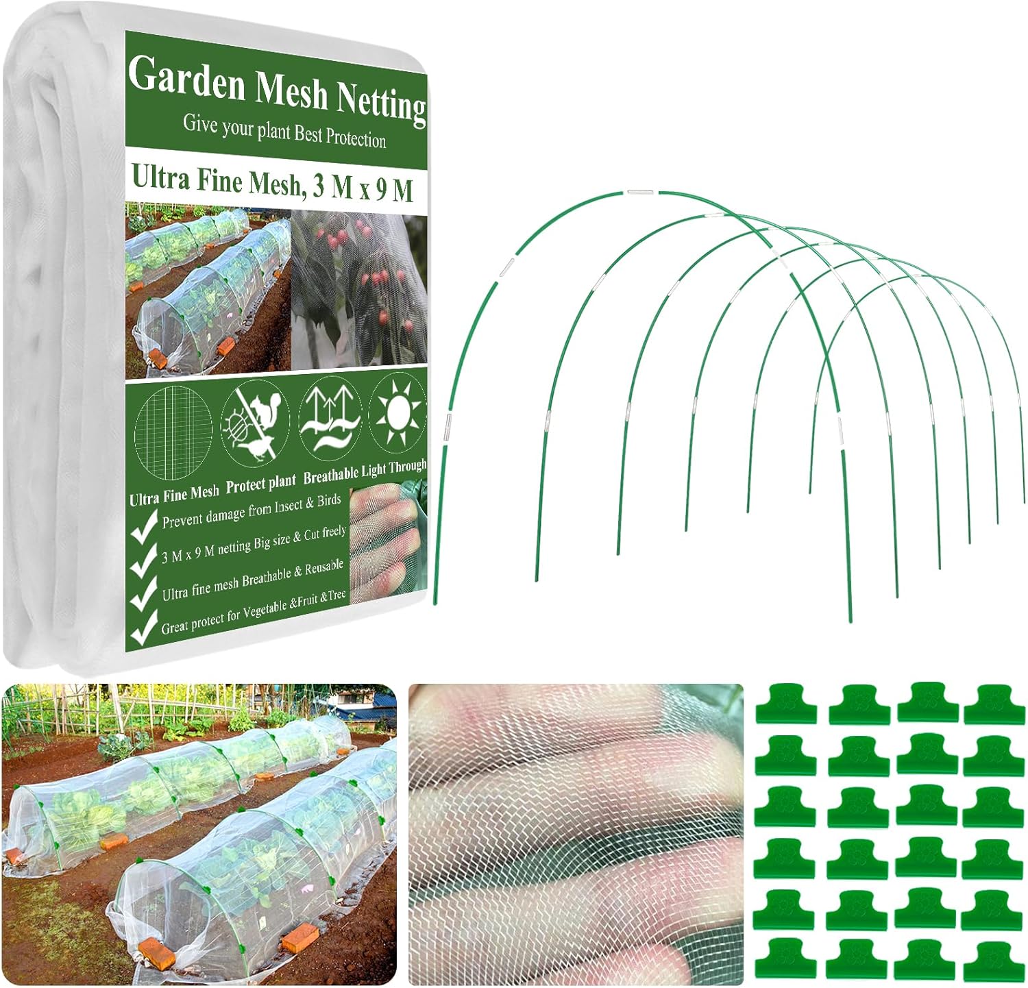 Garden Mesh Netting Hoops Kit,3 x 9M Ultra Fine Netting & 6 Sets Fiberglass Garden Hoops & 24 clip-Greenhouse Hoop Kit for Raised Bed Row Cover Plants Fruit Birds Animal Barrier Protection Net
