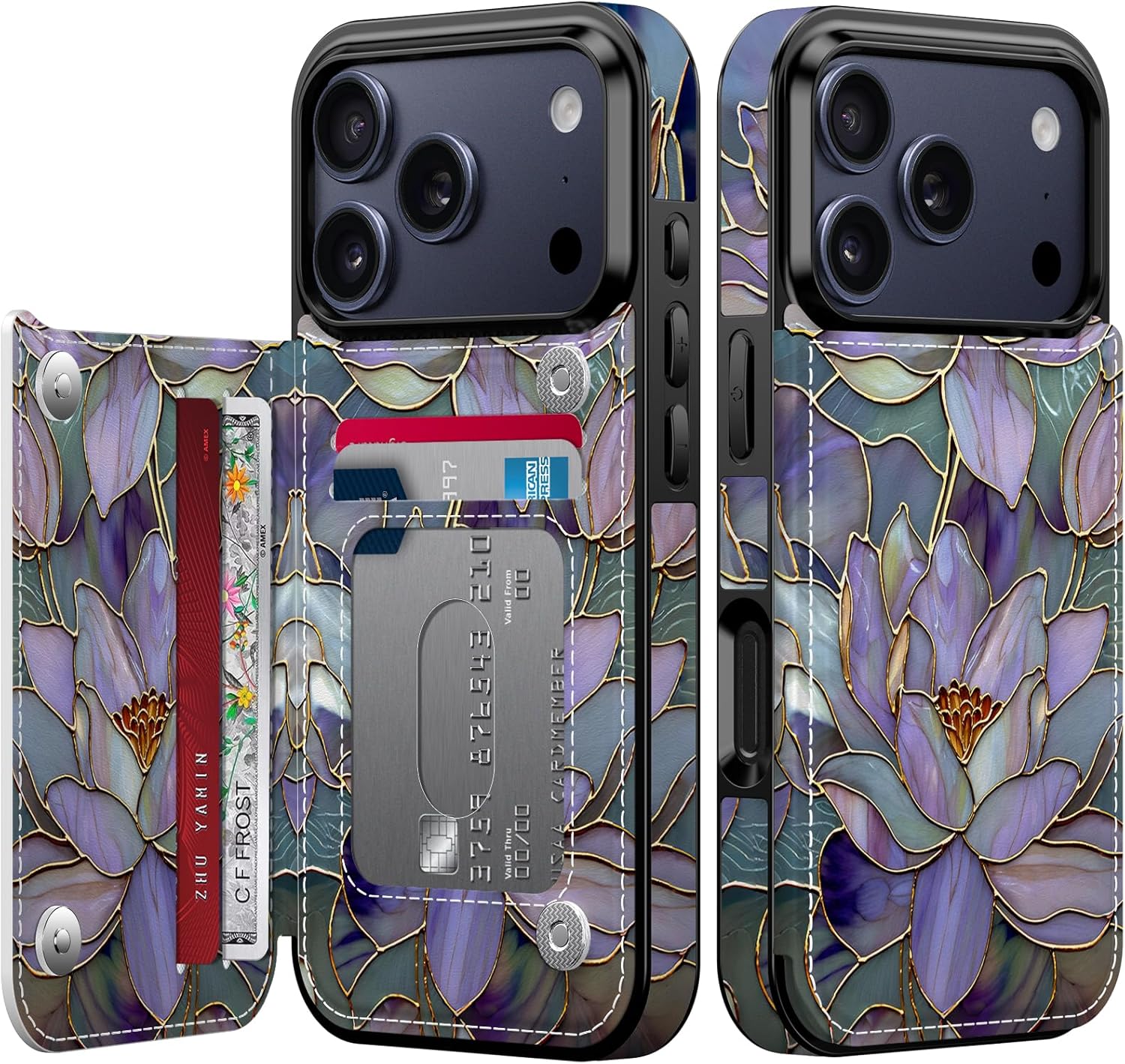 FUNMIKO for iPhone 17 Pro Max Wallet Case with Card Holder, RFID-Blocking, Military-Grade Protection & UV-Printed Artwork, Magnetic Closure with Leather Kickstand - Dreamy Lotus