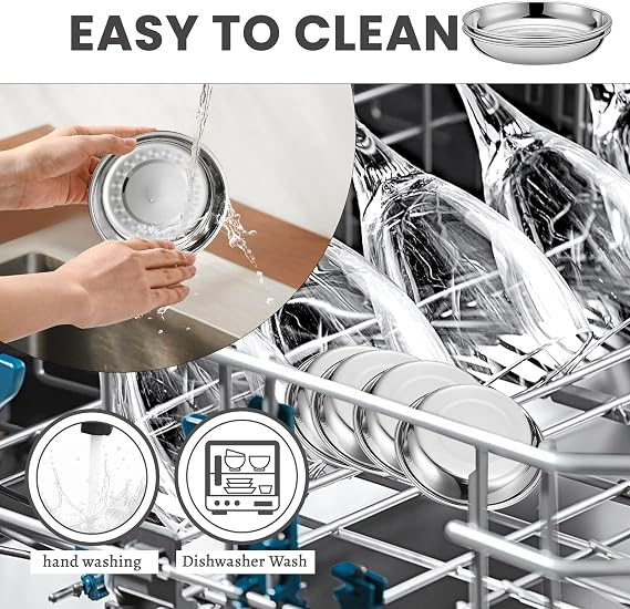 4pcs Stainless Steel Plate Set, 6.3 Inch Round Serving Plates for Kitchen, Reusable Metal Dish Plates for Food