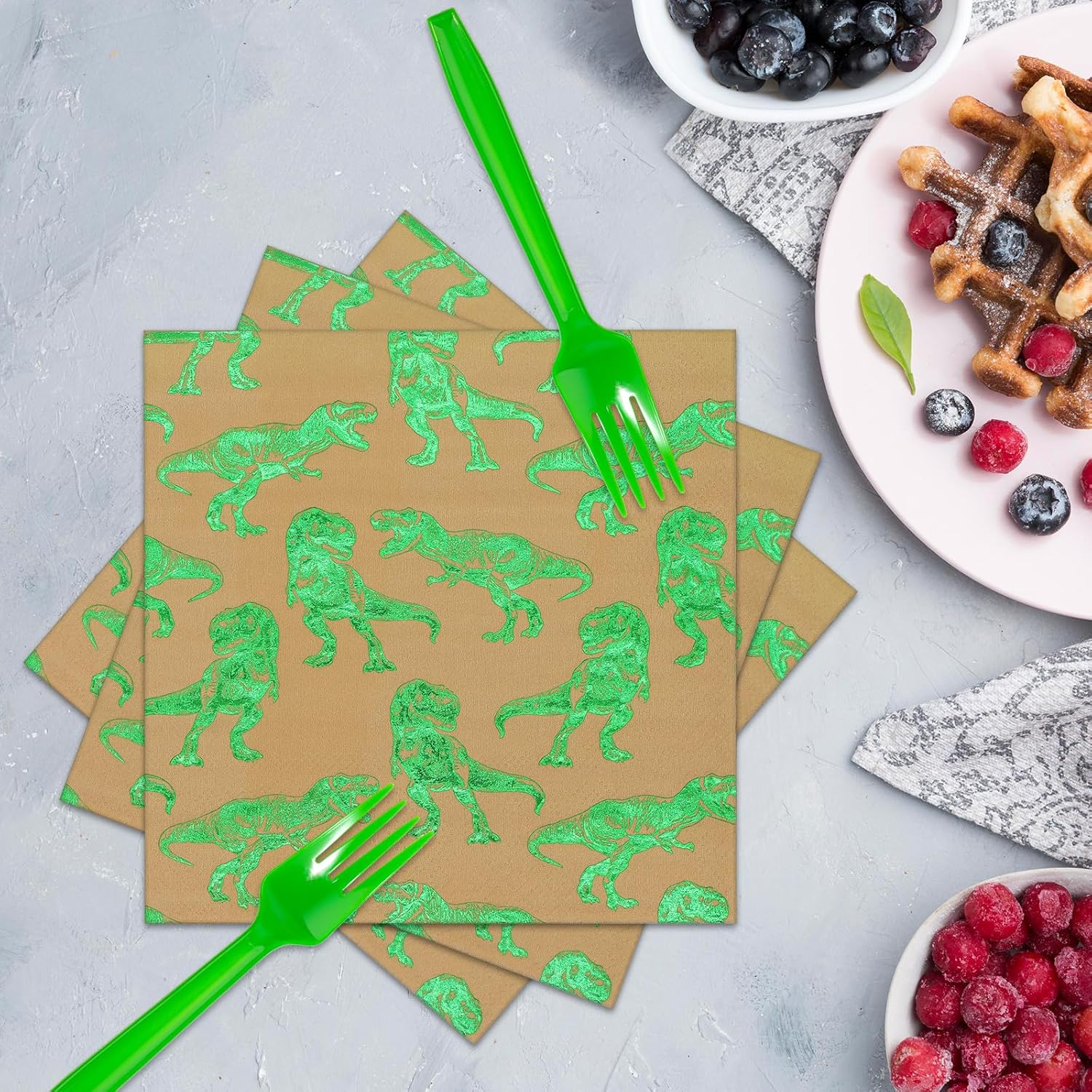 DYLIVeS Green Foil Dinosaur Birthday Party Decorations, Rawr Dinosaur Disposable Tableware Set with 9'' Dinner Plates, Napkins, Cups, Forks - Serves 24
