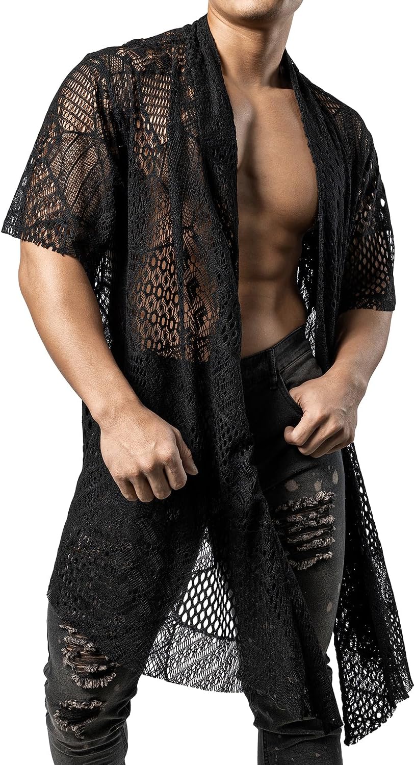 JOGAL Mens Mesh Fishnet See Through Cardigan Ruffle Shawl Collar Open Front Top - Image 4