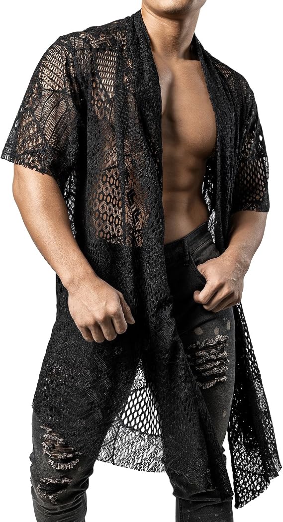 JOGAL Mens Mesh Fishnet See Through Open Cardigan Ruffle Shawl