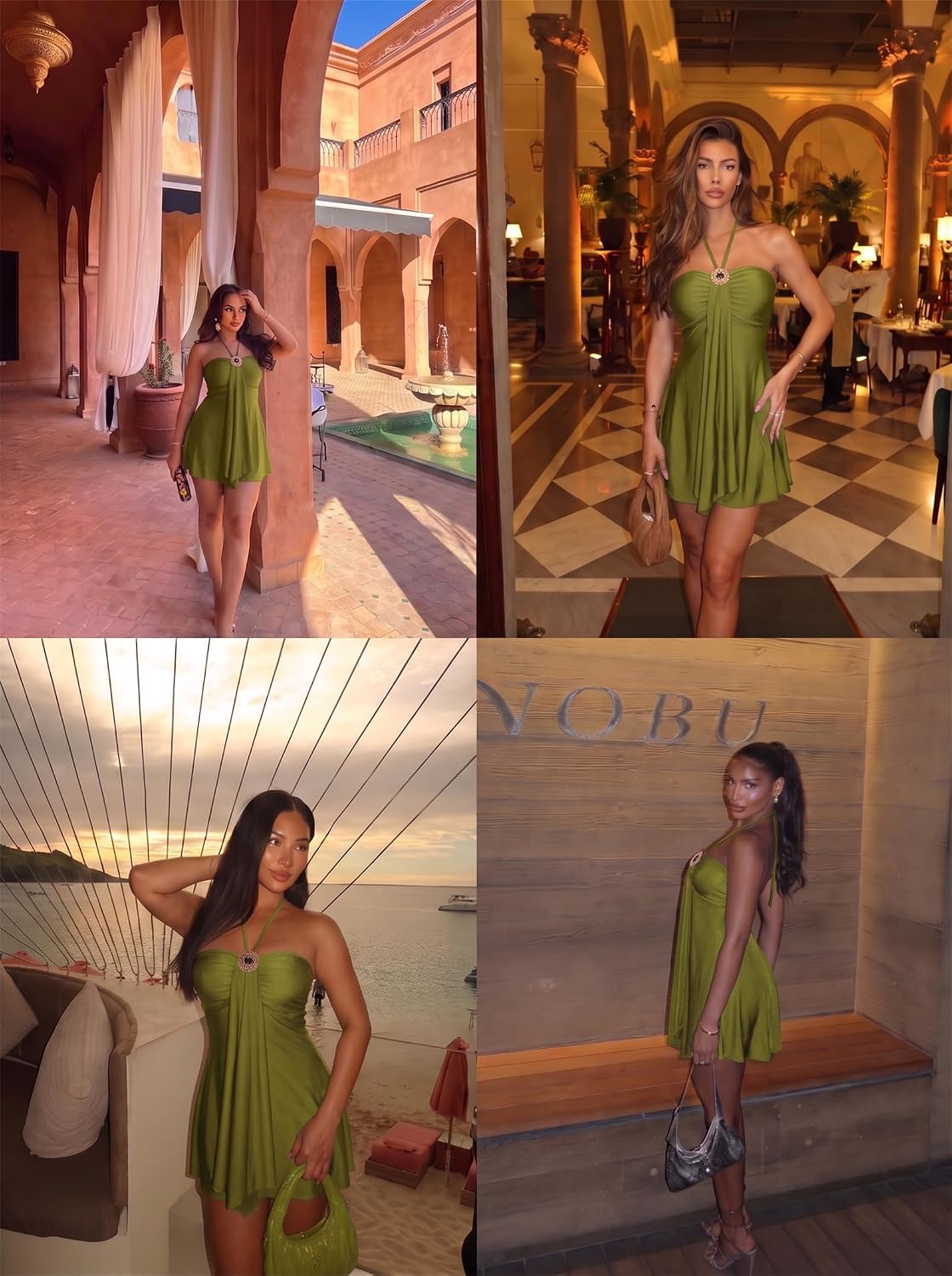 Women's Satin Halter Mini Dress Backless Flowy Vacation Going Out Dress image 5