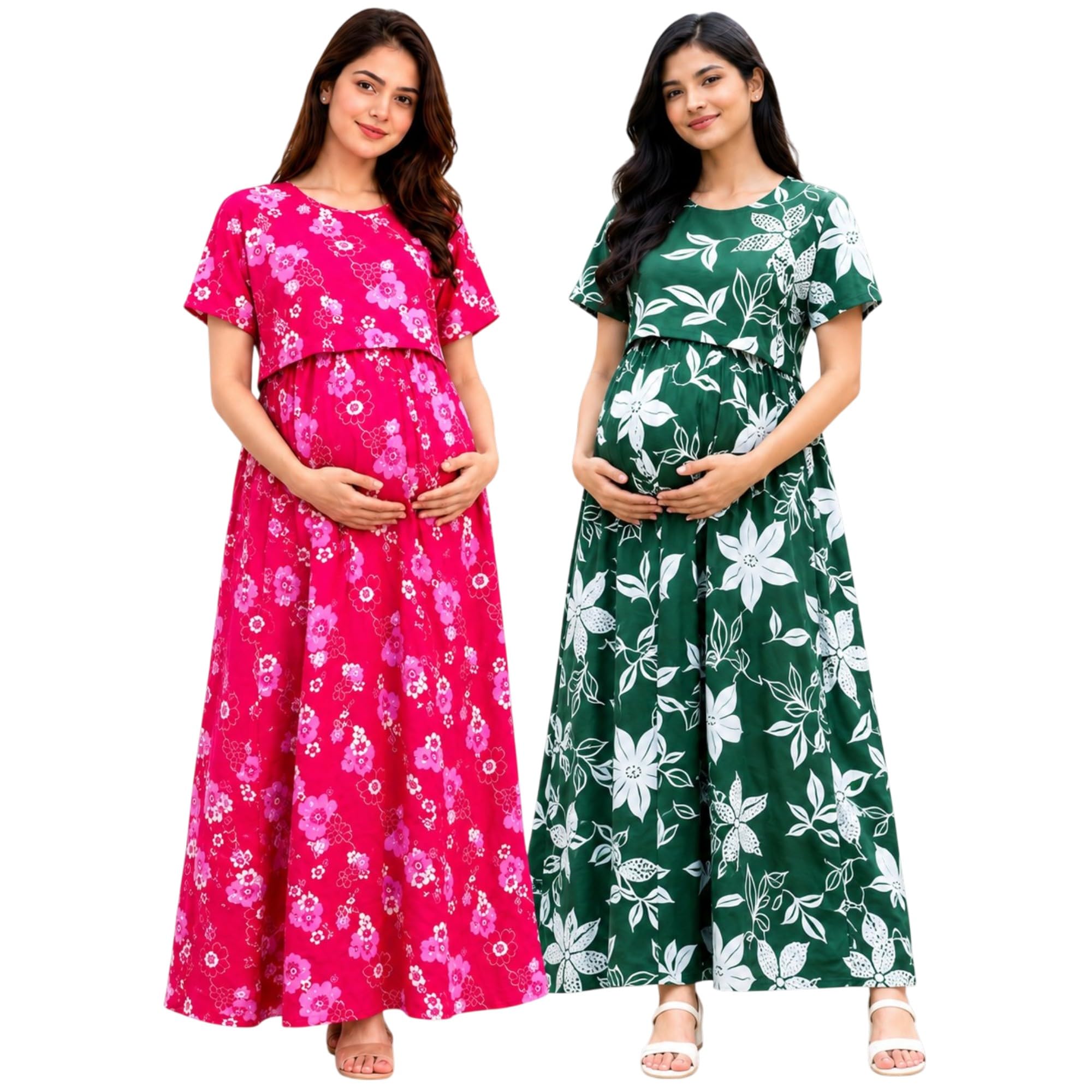 JRP Creation Women's 100% Cotton Zipless Feeding Maternity Nighty Pack of 2 | Pull Up Nursing Night Dress, Feeding Wear Back Tie with Side Pocket | Pink & Green Color | Size - XXL-image-14