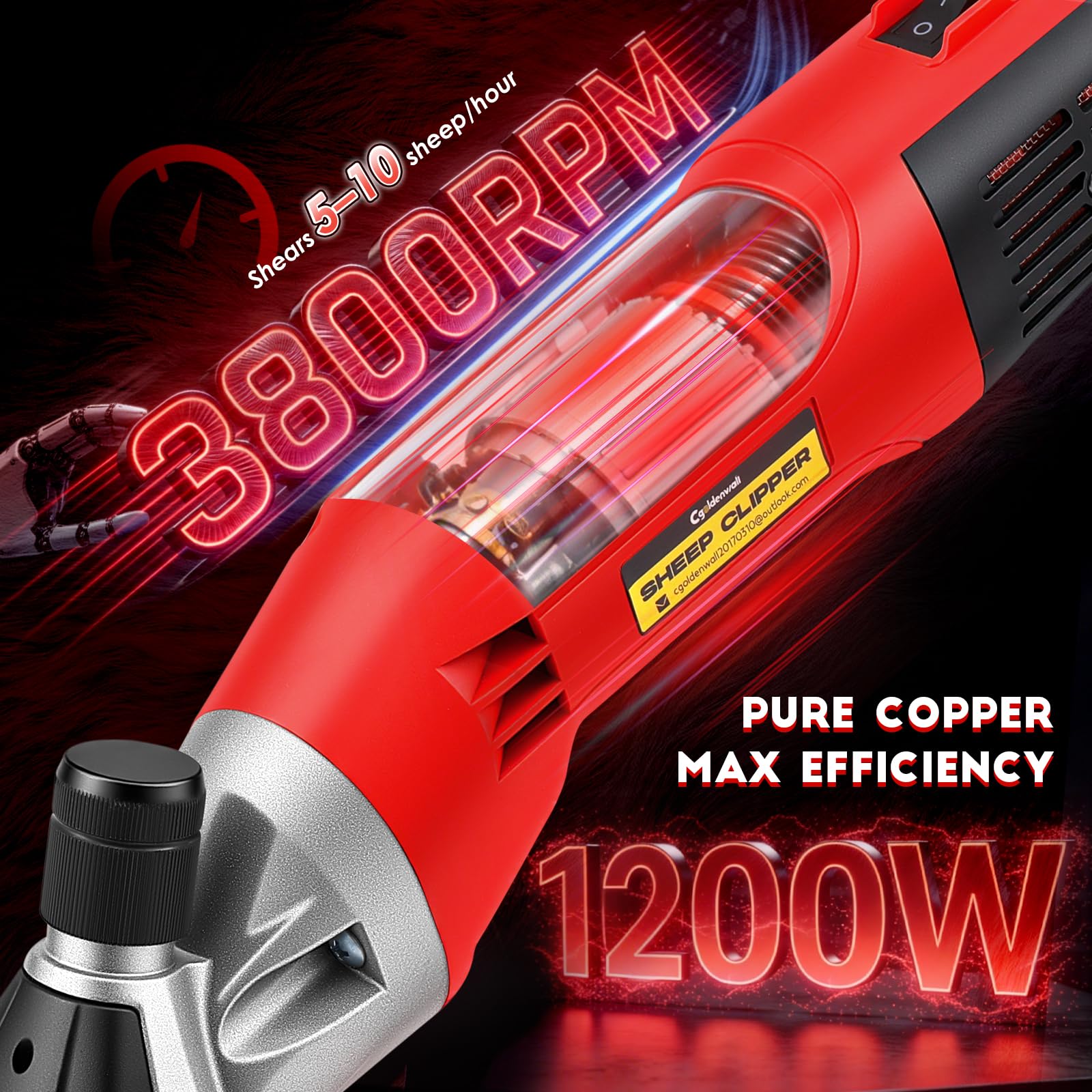 CGOLDENWALL 1200W Tosatrice per Pecore Elettrica Professionale, Motore Alte Prestazioni 3800RPM, Regolazione 6 Veli, Lama a 13 Denti per Pecore, Capre, Alpaca & Bestiame con Pelliccia Spessa