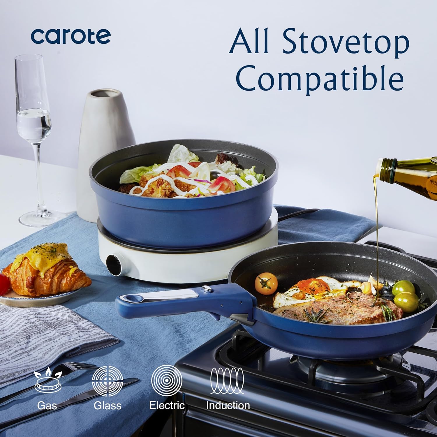 CAROTE 10-Piece Pots and Pans Set, Nonstick Cookware Set Detachable Handle, Frying Pan with Splatter Screen, Oven Safe, Induction Ready, Stackable, Blue
