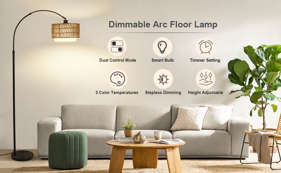 Image of eyassi Arc Floor Lamp with Remote, Modern LED Floor Lamp with Dimmable Bulb, Boho Farmhouse Standing lamp with Fabric & Rattan Lampshades, Height Adjustable Black Tall Lamp for Living Room Bedroom