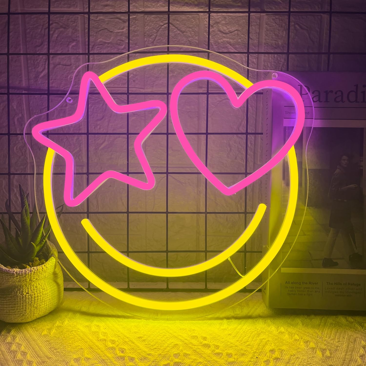 Smile Face Neon Sign Dimmable Smiley Face Led Neon Signs for Wall Decor, USB Powered Happy Face Neon Light Up Sign for Gaming Room Bedroom Birthday Party Wedding Home Bar Man Cave Club