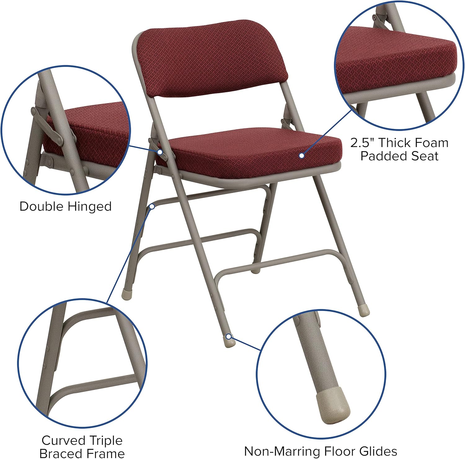 EMMA + OLIVER 2 Pack Curved Triple Braced & Double Hinged Burgundy Fabric Metal Folding Chair