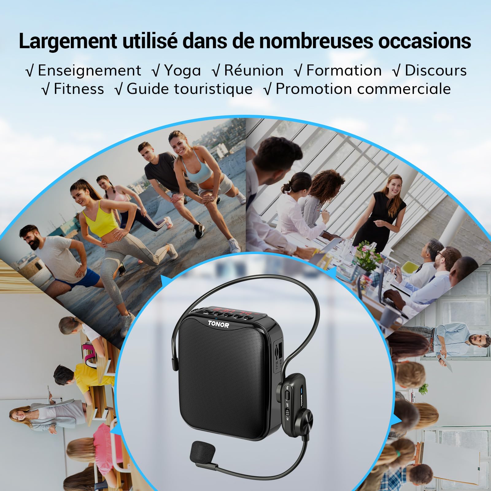 TONOR 15W Amplificateur Vocal Portable pour EnseignantsMicrophone Sans Fil Bluetooth Rechargeable avec Casque Filaire pour Enseignement/Formation/Yoga/Discours/Réunion/Guides Touristiques, 25 M,K11