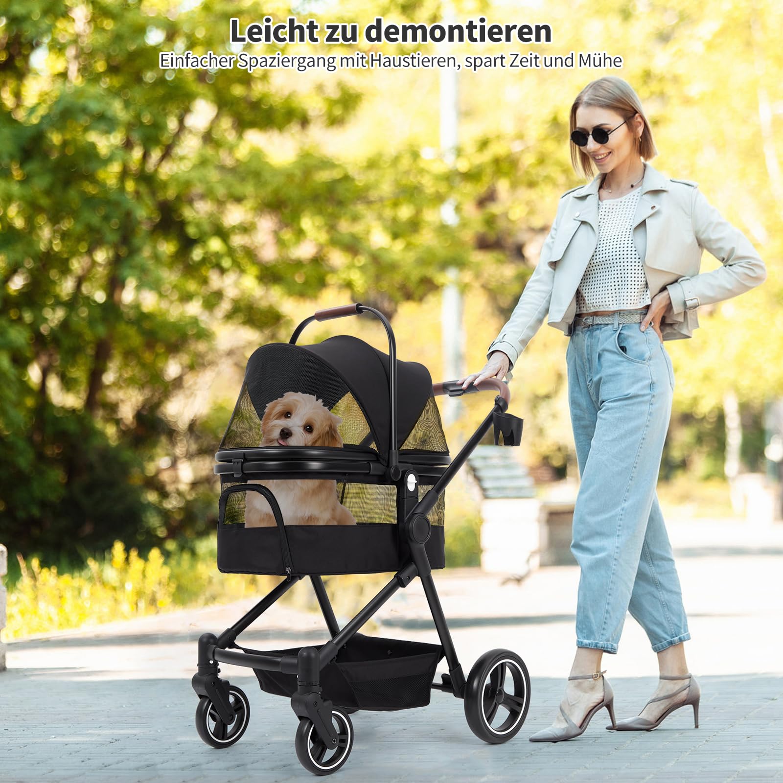 Składany wózek dla psów 3 w 1 dla małych psów i kotów o wadze do 15 kg – wózek dla zwierząt domowych z linkami zabezpieczającymi, amortyzacja uderzeń, hamulec jednopedałowy, okna z siatki i miejsce do