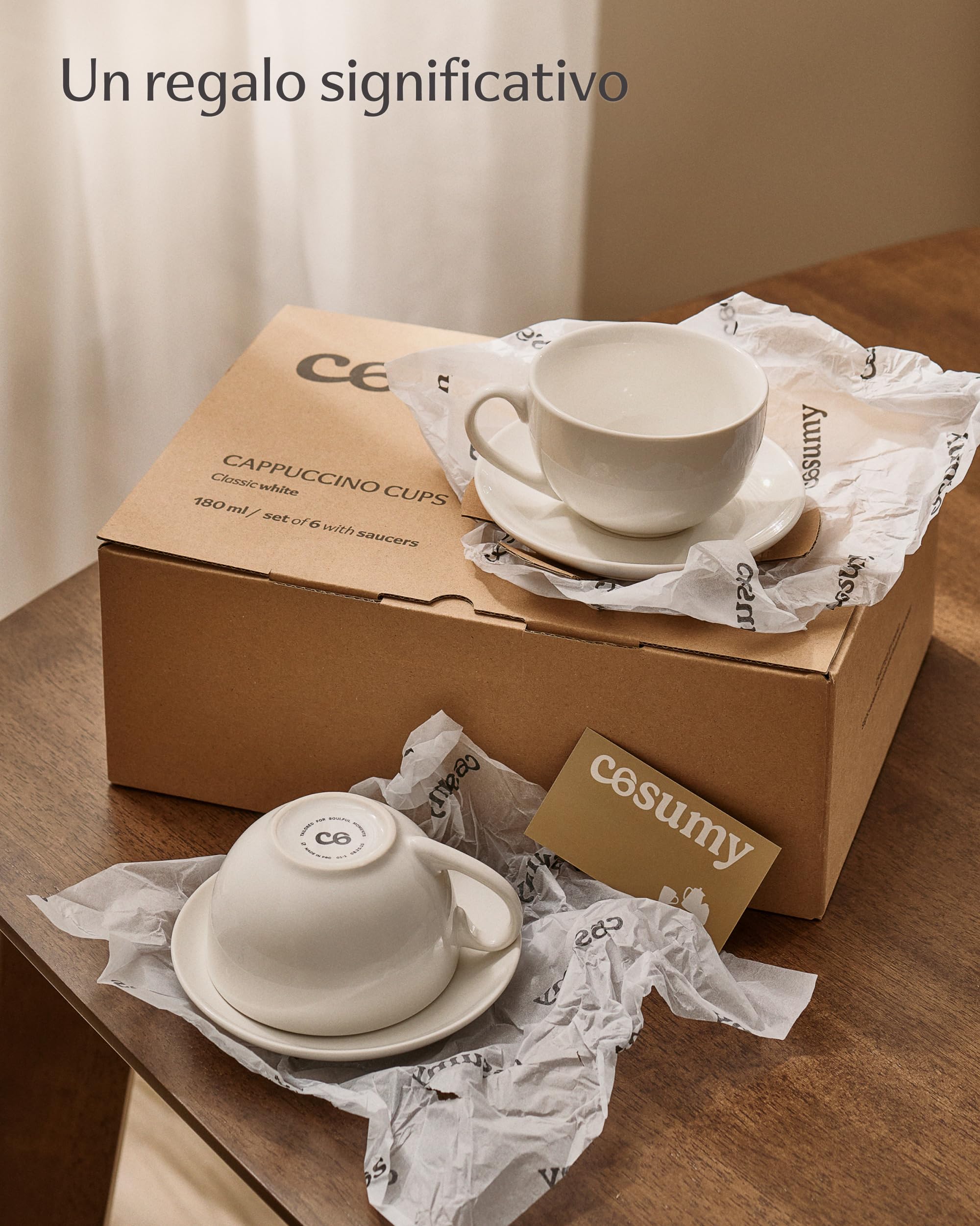 Tazzine Caffè 6 Pezzi in Ceramica Bianche con Piattini - Tazze Cappuccino Lavabili in Lavastoviglie - Set Regalo 180 ml
