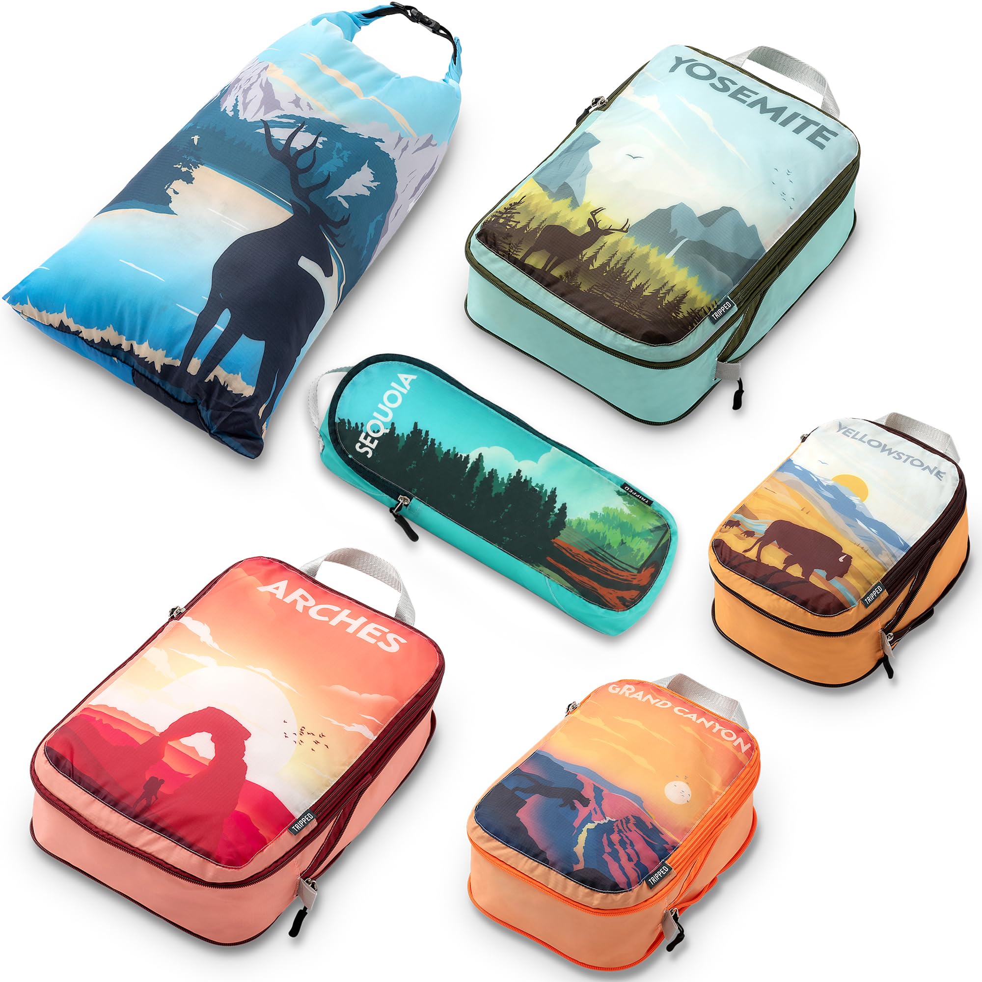 TRIPPED Travel Gear Set di cubi da viaggio a compressione, organizer per vestiti leggeri e resistenti, per bagagli e valigie