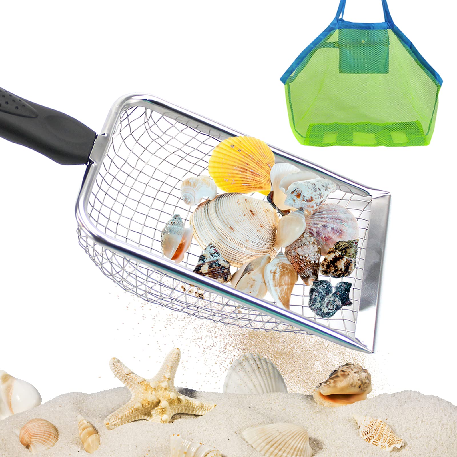 Beach Mesh Shovel with Mesh Beach Bag, Kids Filter Sand Scooper and Shell Bags for Picking Up Shells, Shark Tooth Sifter Dipper for Girls and Boys