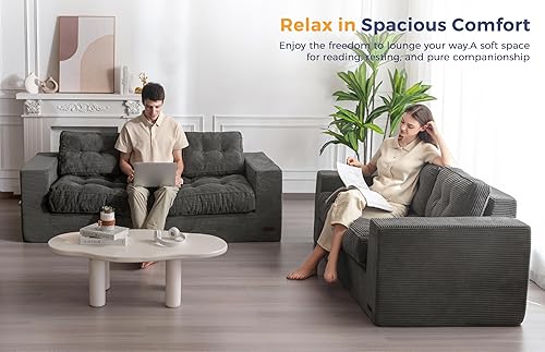 Miniatura 3 de MAXYOYO Sofá de 3 plazas para sala de estar, sofá deshuesado con cojín y respaldo copetudos, sofá tapizado, sofá en una caja, gris oscuro